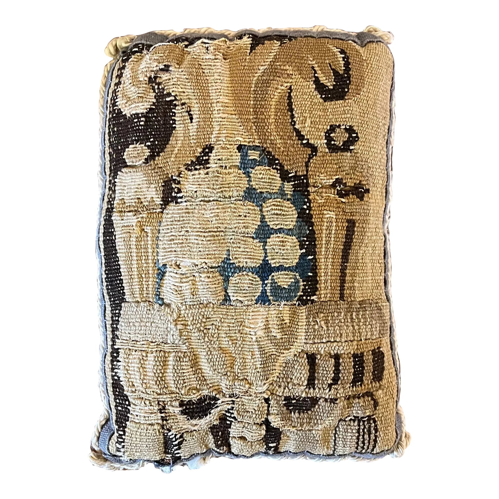 Antique 18th Century French Verdure Wool Tapestry Pillow Lefortier Saint Honore Paris: Antique 18th century French verdure wool tapestry pillow in muted shades of brown, blue and cream. Measures 11" x 8". Wear and minor loss consistent with age. Displays beautifully. Label on the back f