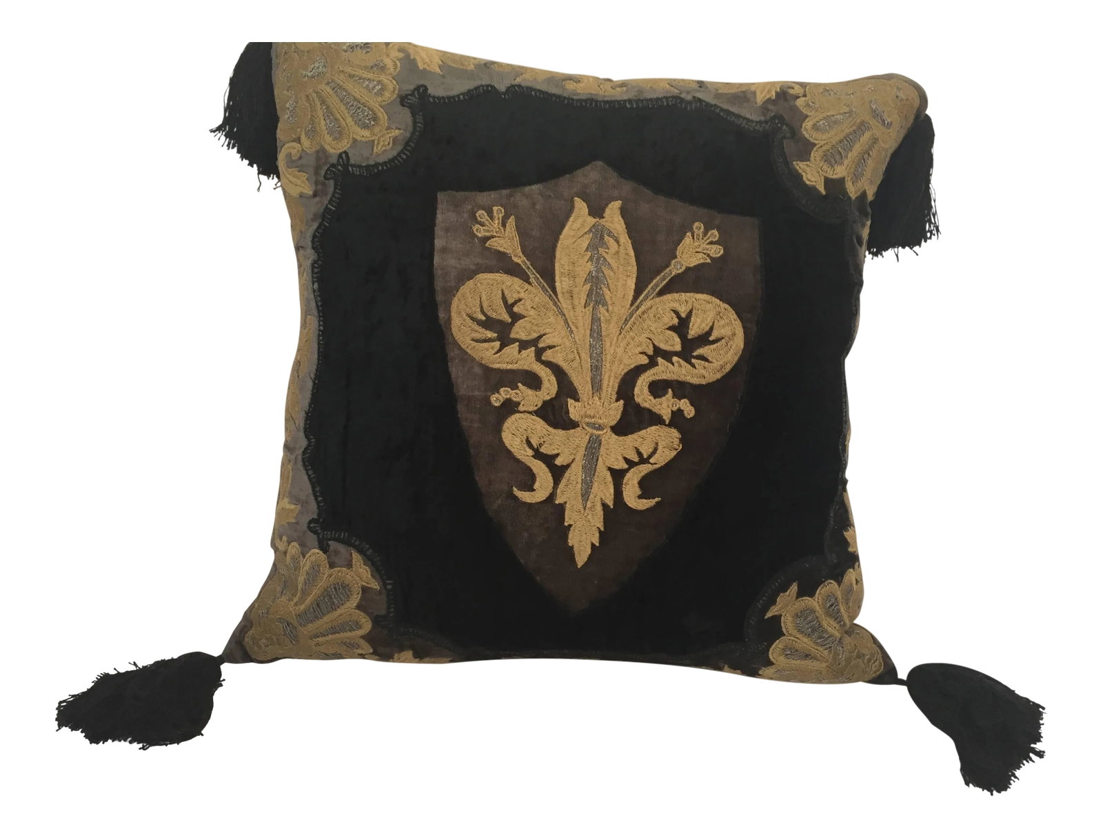 Moroccan Black Silk Decorative Pillow With Gold Metallic Threads and Tassels (1 of 10)