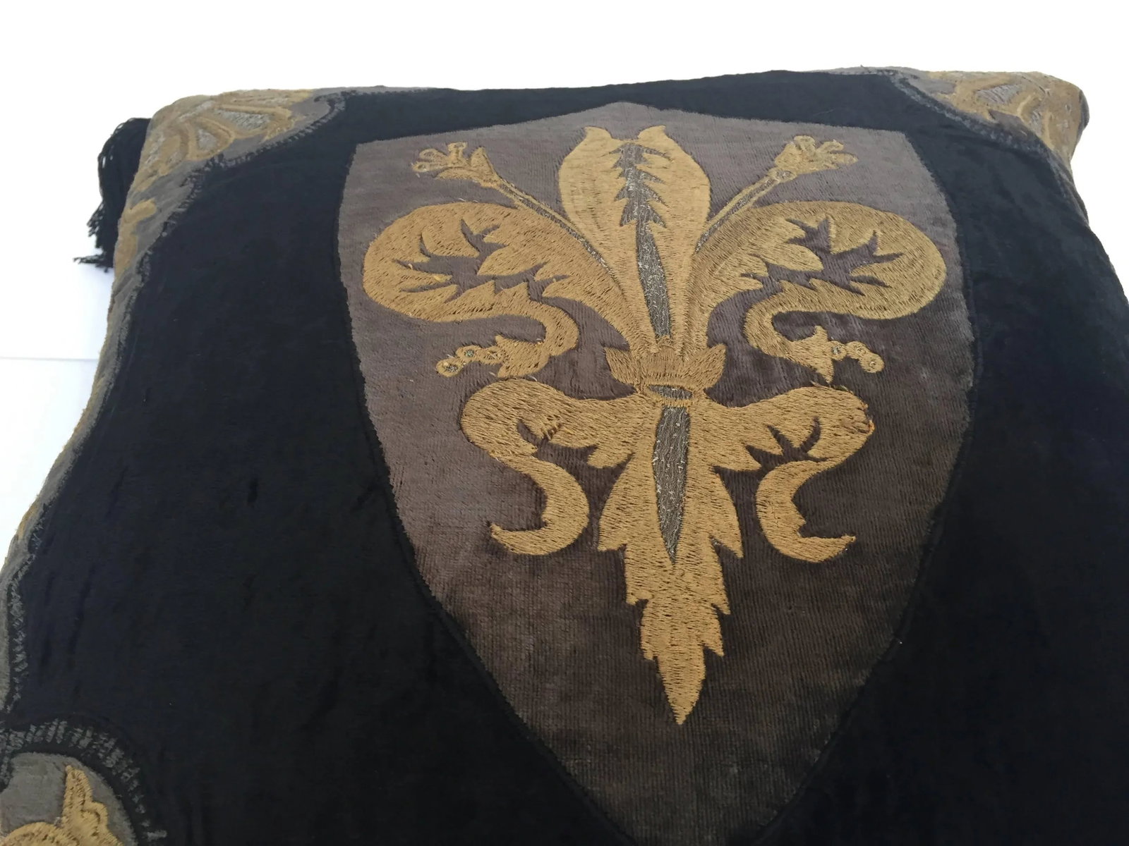 Moroccan Black Silk Decorative Pillow With Gold Metallic Threads and Tassels - 7