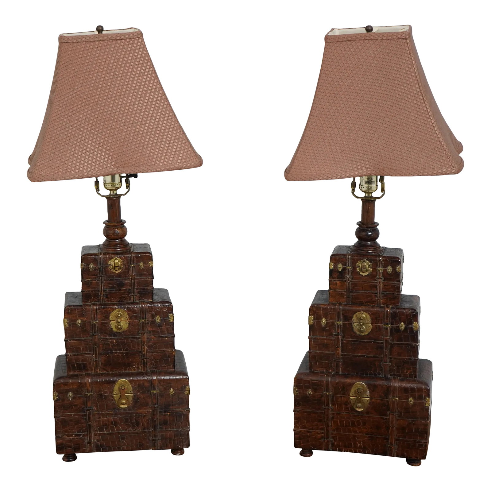 Pair Textured Leather Design Stacking Chest Lamps: Age: Approx: 30 Years Old Details: Nice Complimenting Shades Stacked Design Textured Surfaces w. Brass Accents Condition: Excellent Original Finish & Condition Size: 10w x 6d x 32h Shades - 12w x 12d