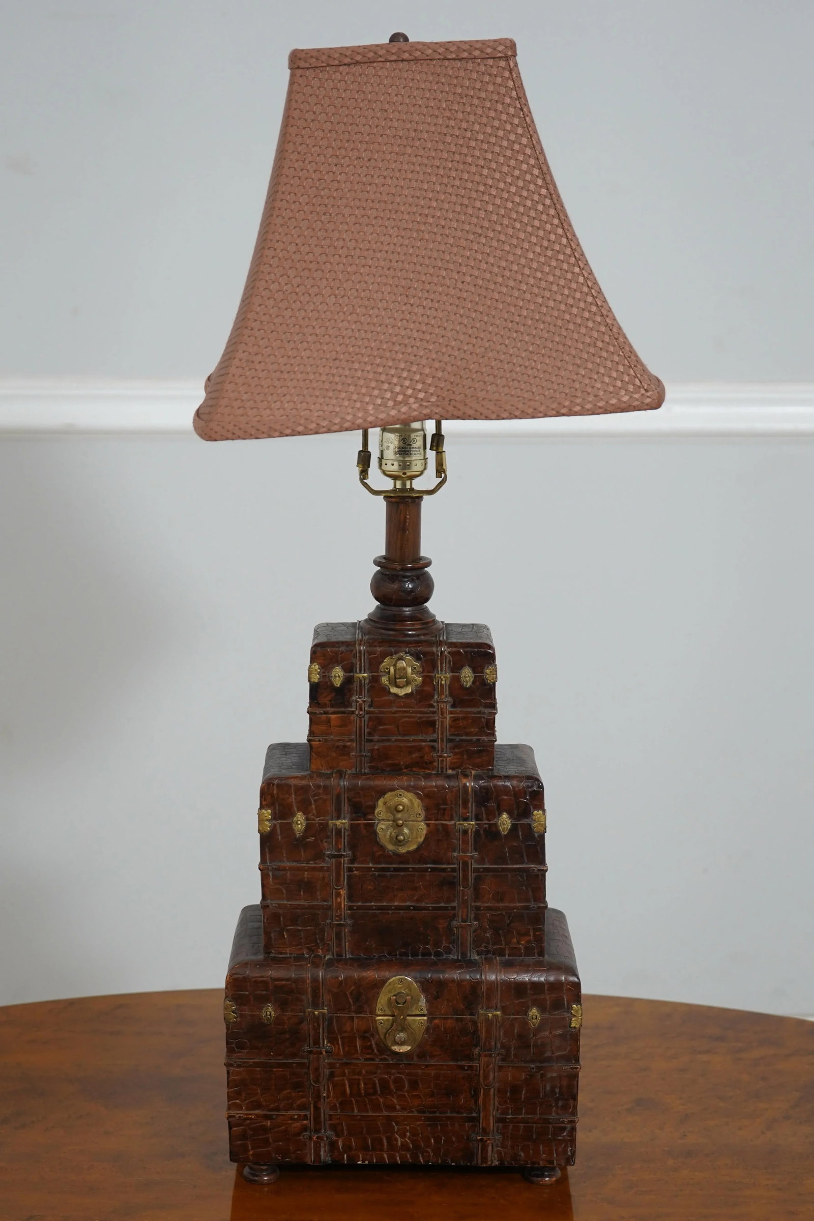 Pair Textured Leather Design Stacking Chest Lamps - 2