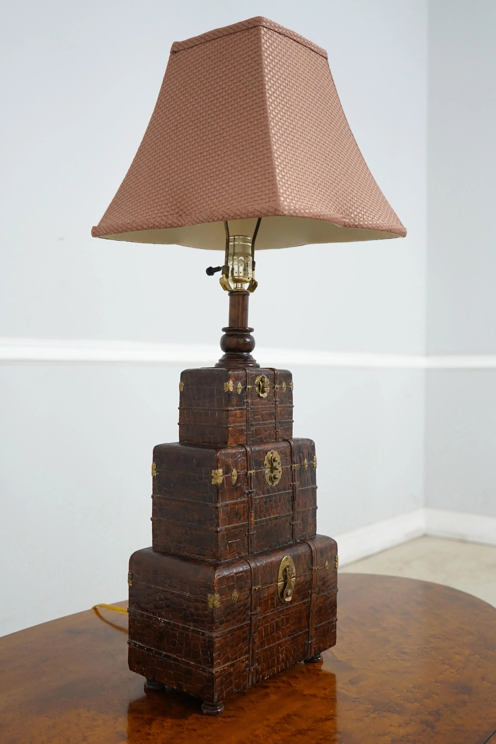 Pair Textured Leather Design Stacking Chest Lamps - 4