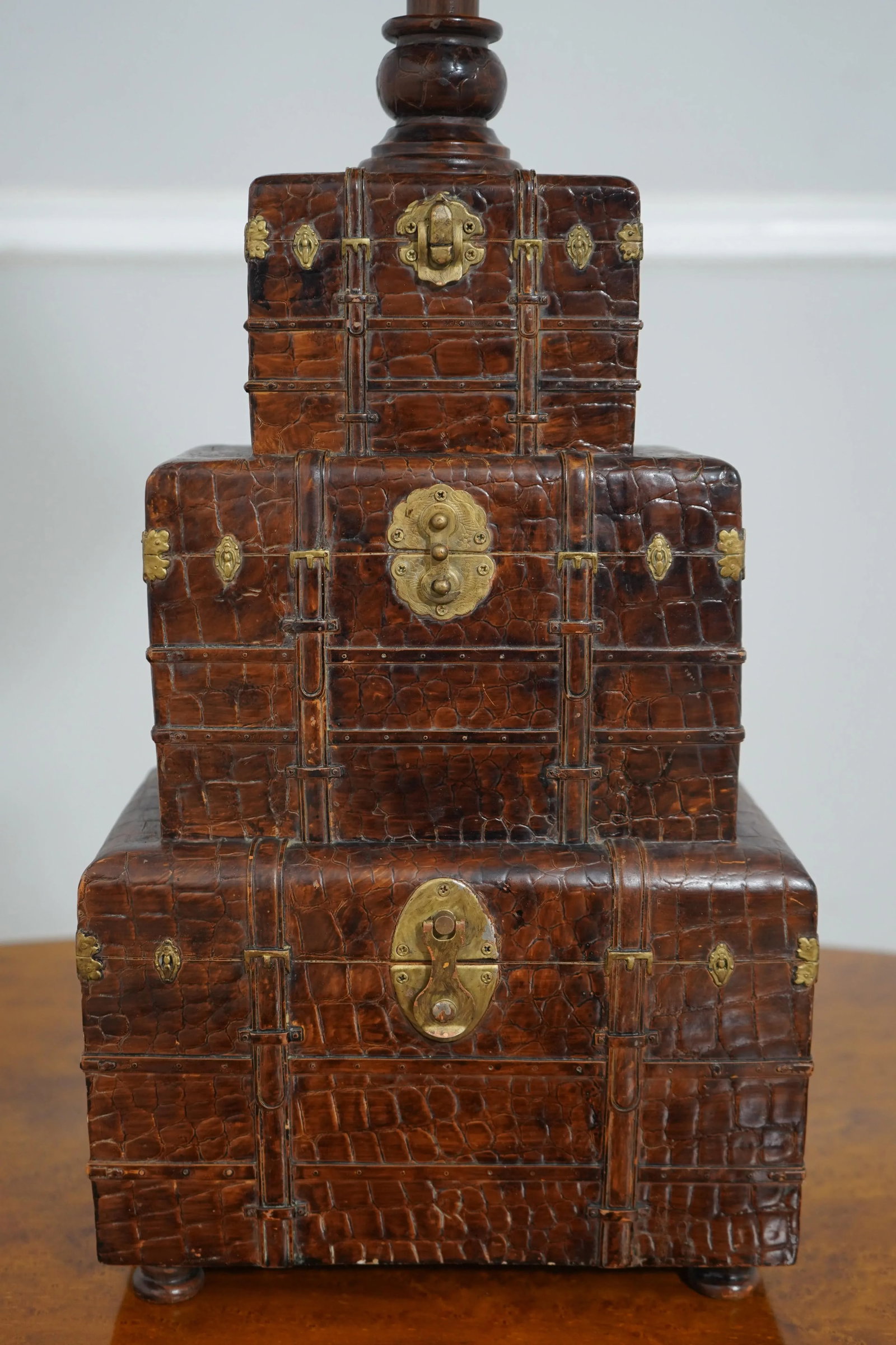 Pair Textured Leather Design Stacking Chest Lamps - 7