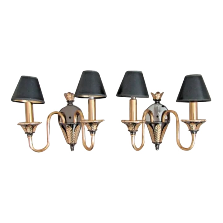 1980s Pair of Italian F. Fabbian Lighting Two Arm Wall Sconces: Matched Pair of Italian F. Fabbian Designer Lighting Two Arm Wall Sconces Features twisted gold metal arms, gold metal leaves and a mirrored back. Each measures 13 3/4" wide, 8 1/4" deep and 12" tall.