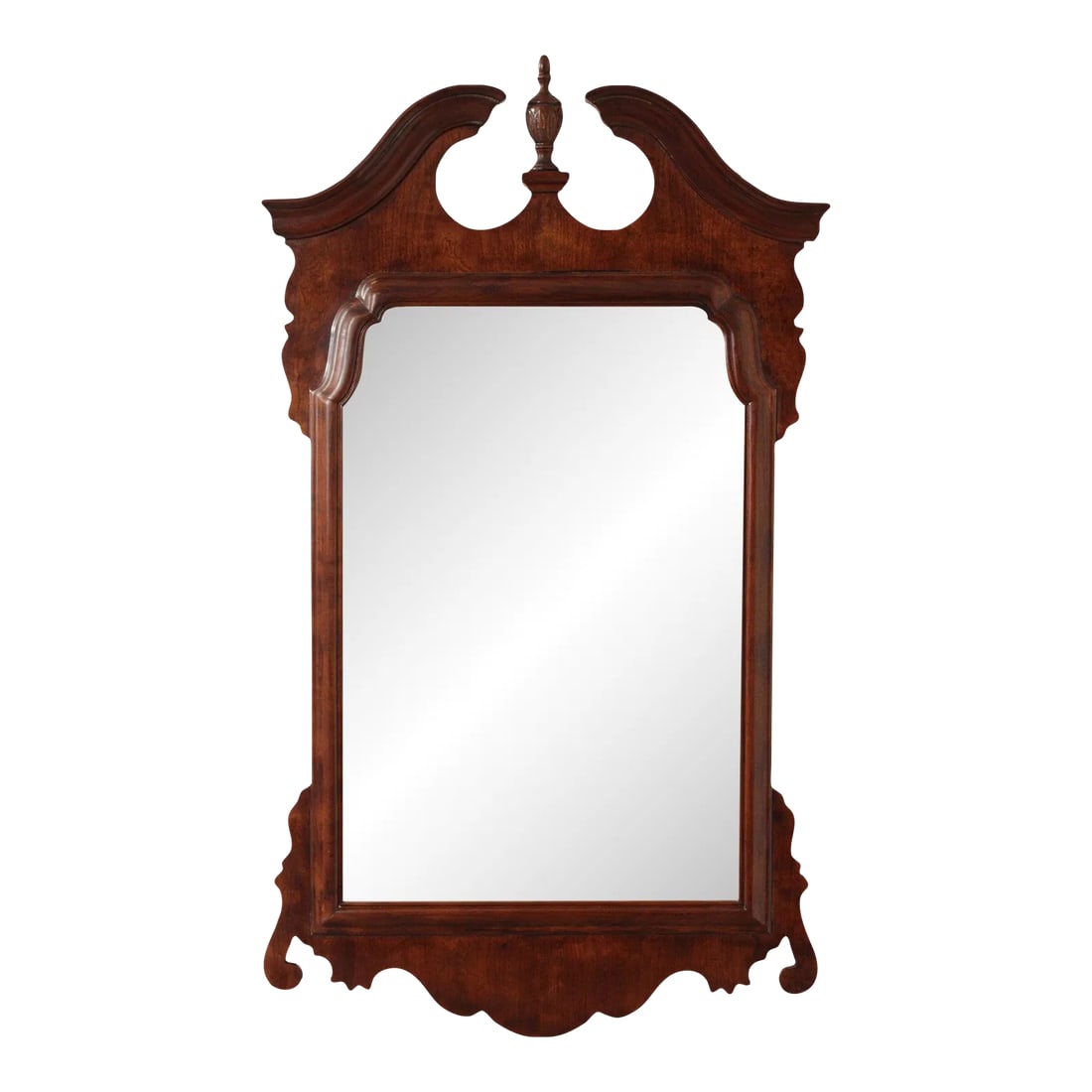 Henredon Chippendale Style Carved Cherry Wall Mirror: High Quality American Made Vintage Cherry Accent Mirror with Beveled Glass and Carved Acorn Finial Condition: Alterations: Original Condition Unaltered Imperfections: Some Imperfections Condition Note