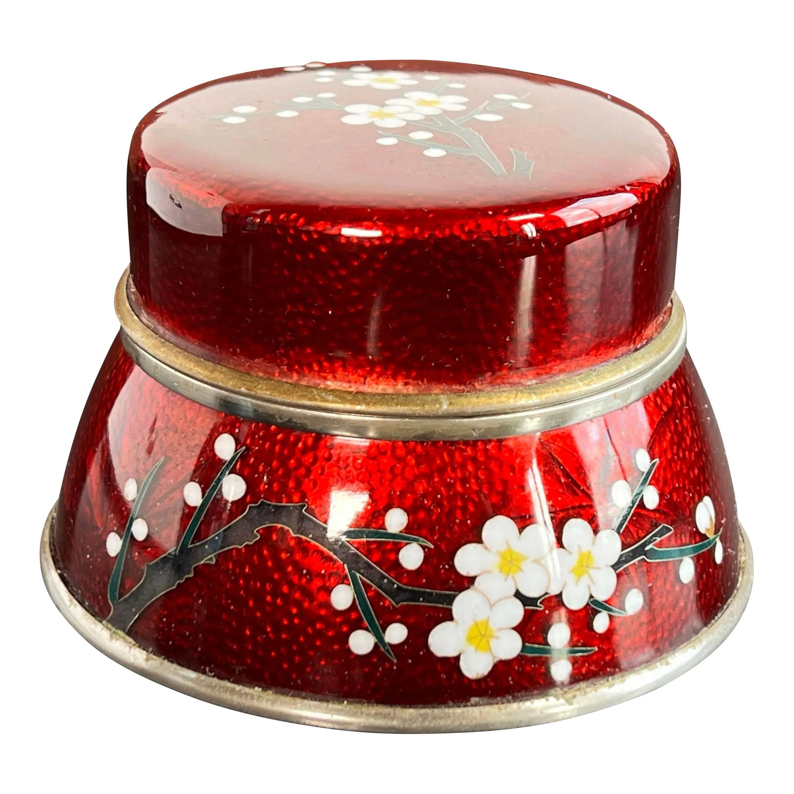 Vintage Showa Era Japanese Cloisonne Jewelry / Trinket Box by Sato: Stunning vintage c.1940's Showa era Japanese cloisonne lidded jar / box as shown! Exceptionally lovely deep red hues with pops of white and yellow from the floral sprays in the foreground. The materia