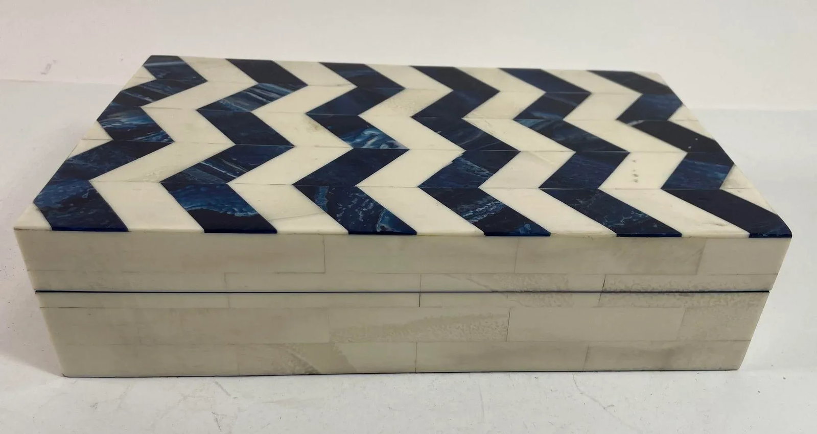 Ivory and Blue Chevron Bone Inlay Trinket Box - 2