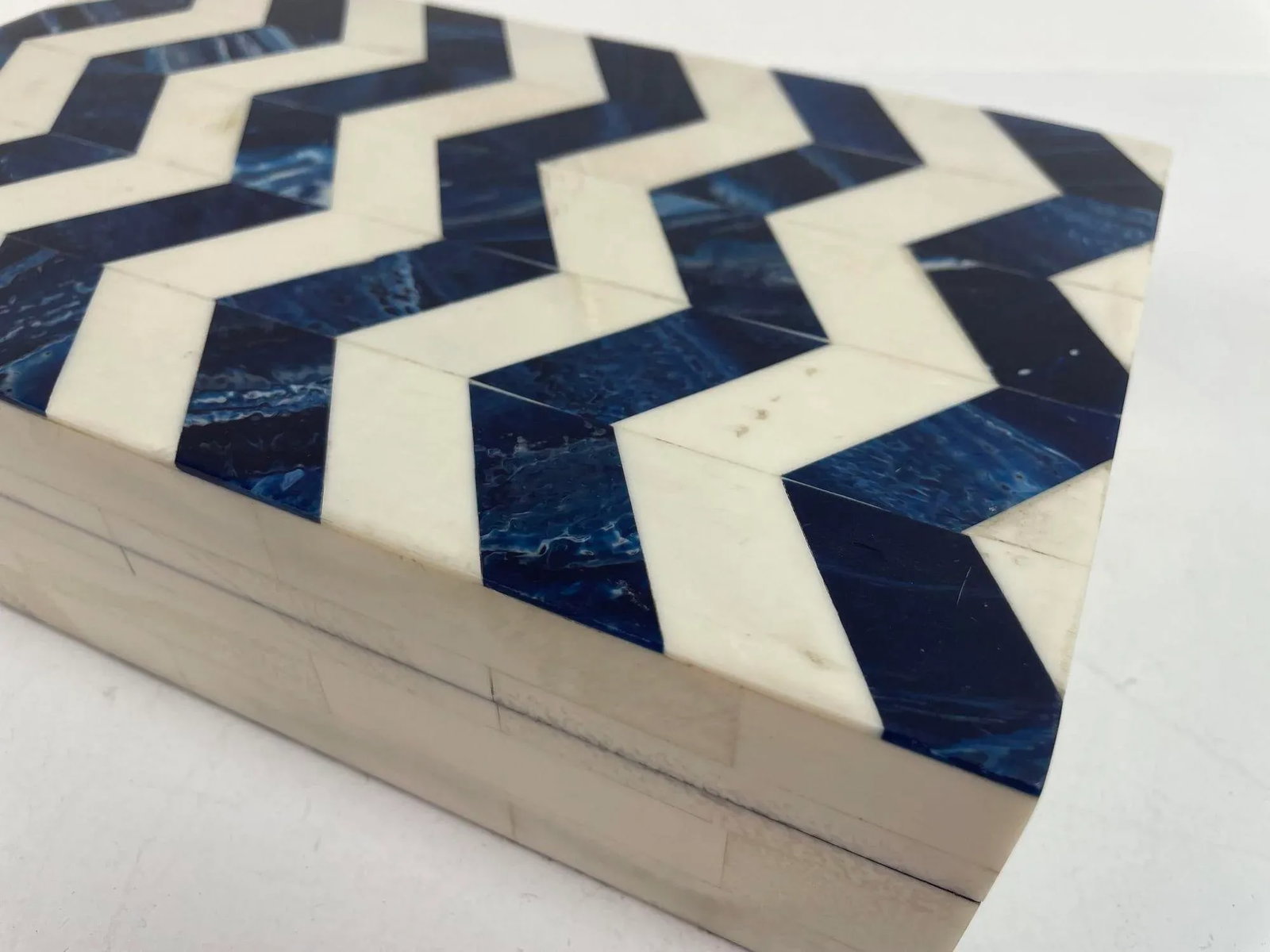 Ivory and Blue Chevron Bone Inlay Trinket Box - 5