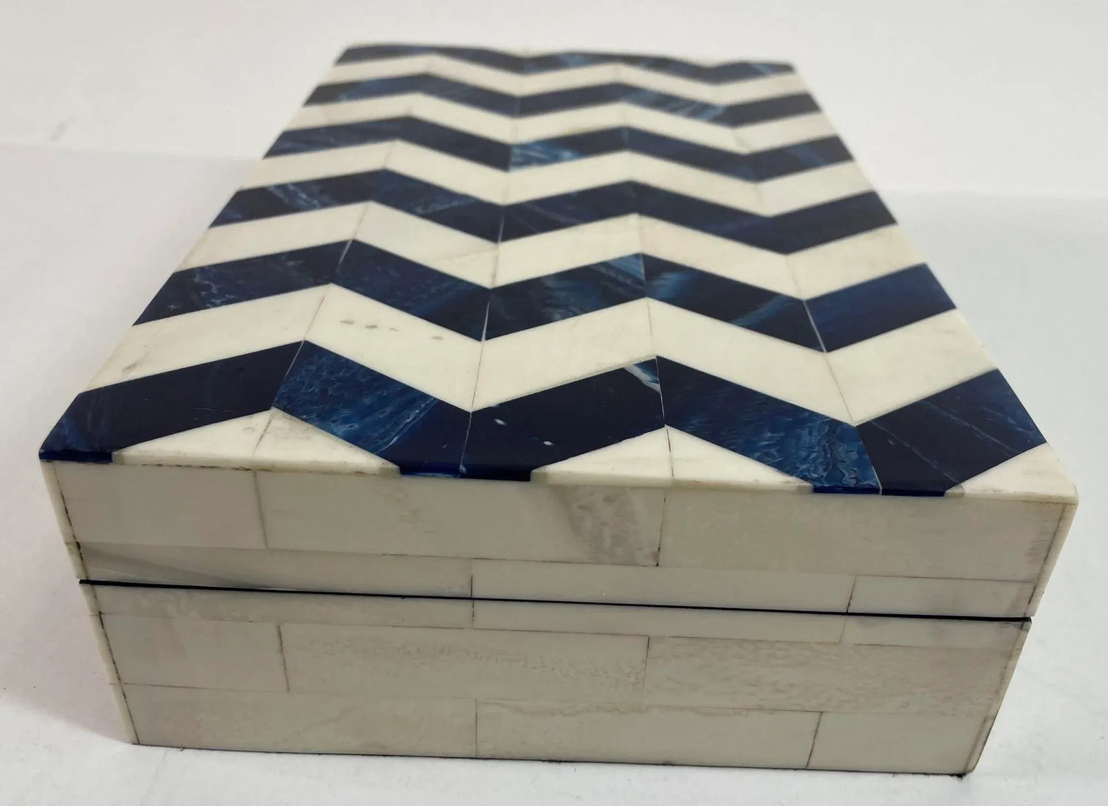 Ivory and Blue Chevron Bone Inlay Trinket Box - 6
