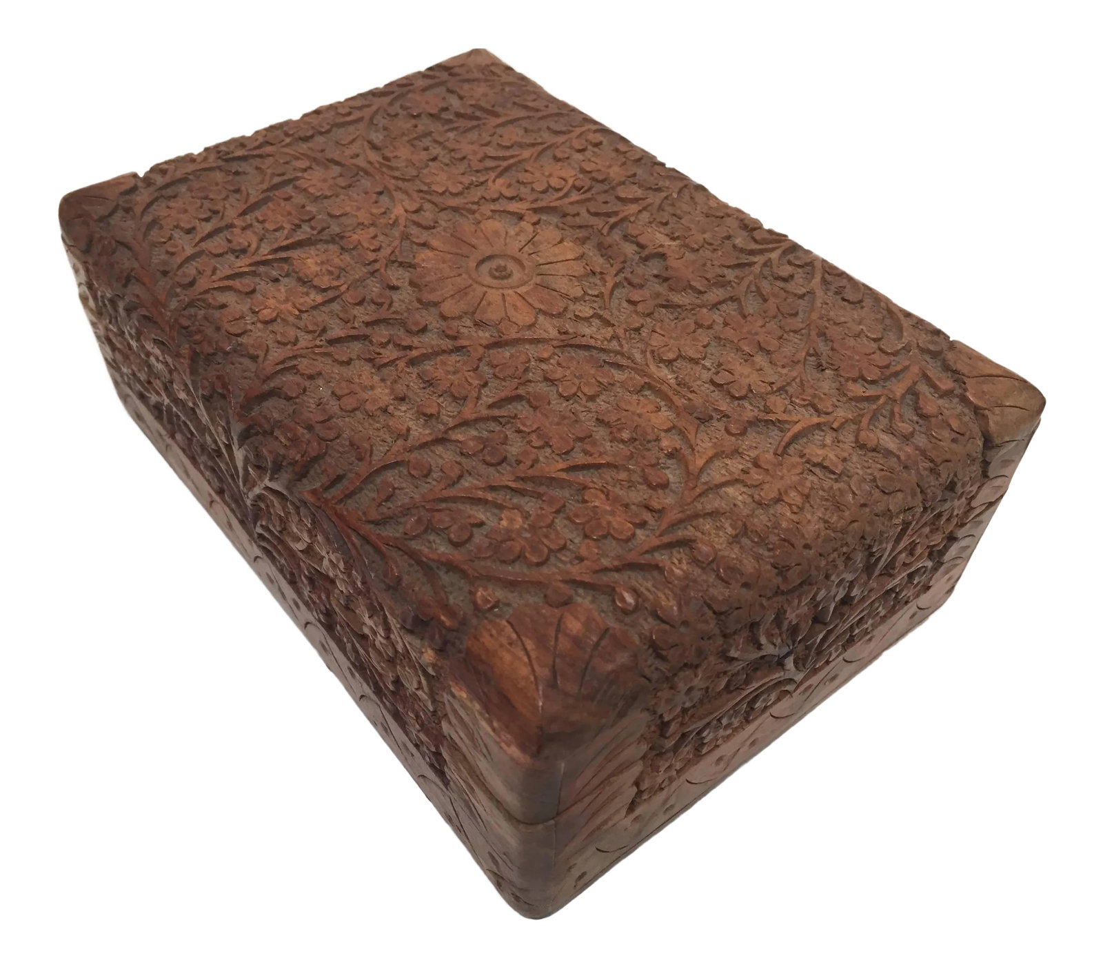 Anglo Raj Hand-Carved Decorative Box: Hand-carved Anglo Raj early 20th century carved wood box richly decorated overall with arabesques and floral carving. Hinged lid shallow relief carving with interior lined with red rust velvet.