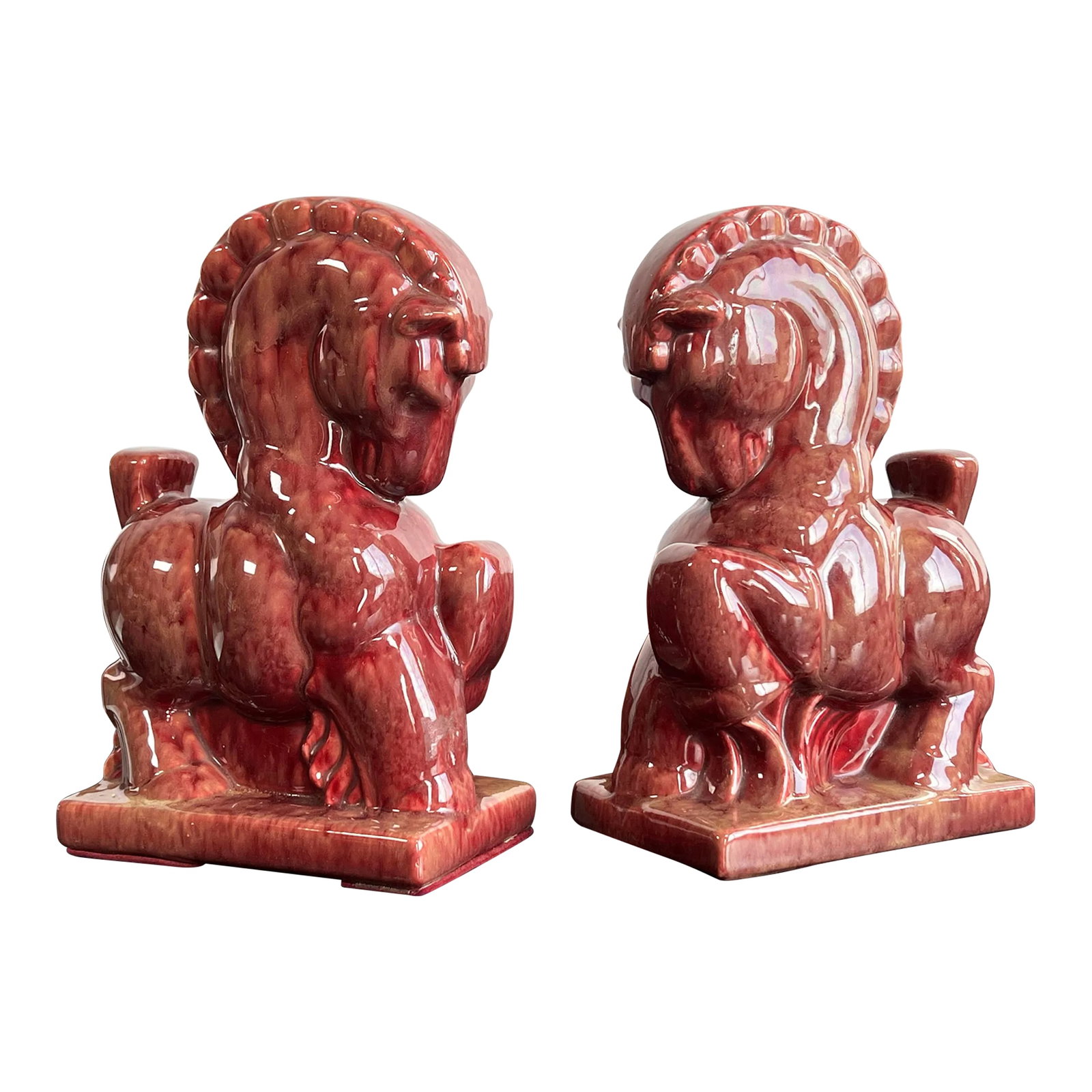 Pair of Vintage Mid Century Modern Chinoiserie Red Ceramic Horse Bookends: Fabulous pair of cinnabar red figural horse bookends with a great sort of Tang horse vibe but leaning heavily into the mid century modern, Royal Haeger, style! Great ceramic construction with nice