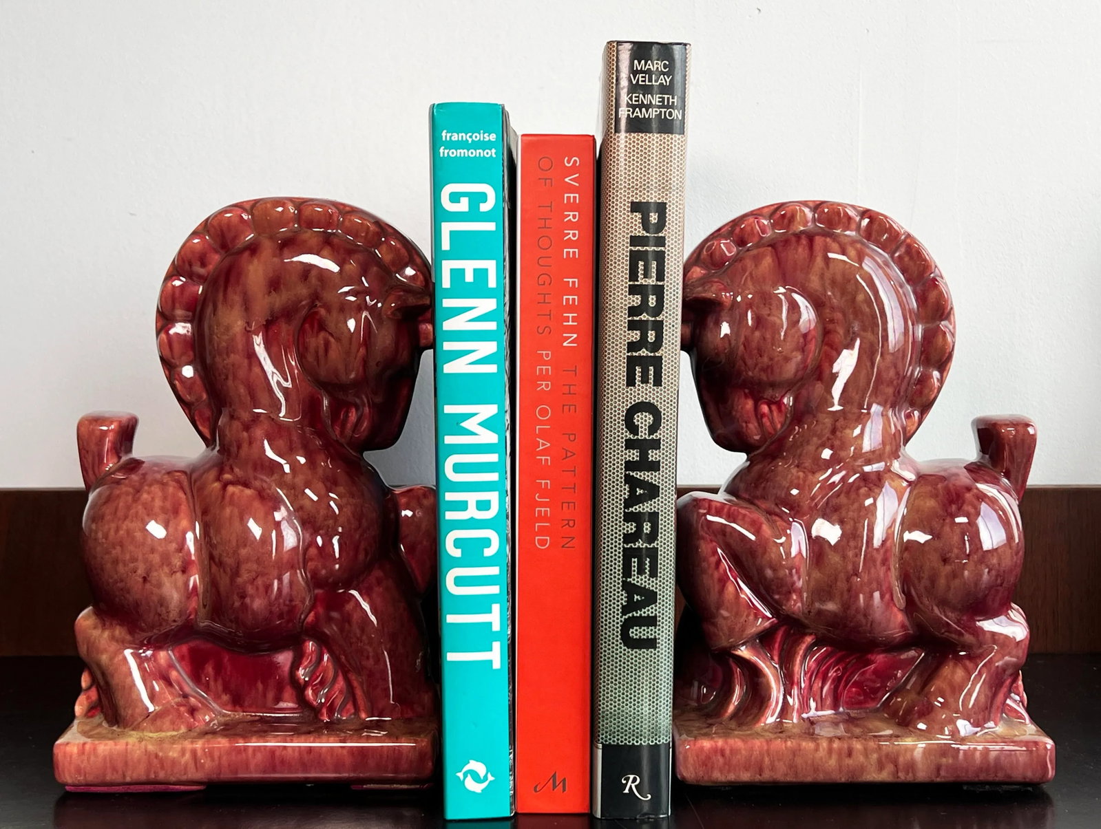 Pair of Vintage Mid Century Modern Chinoiserie Red Ceramic Horse Bookends - 2