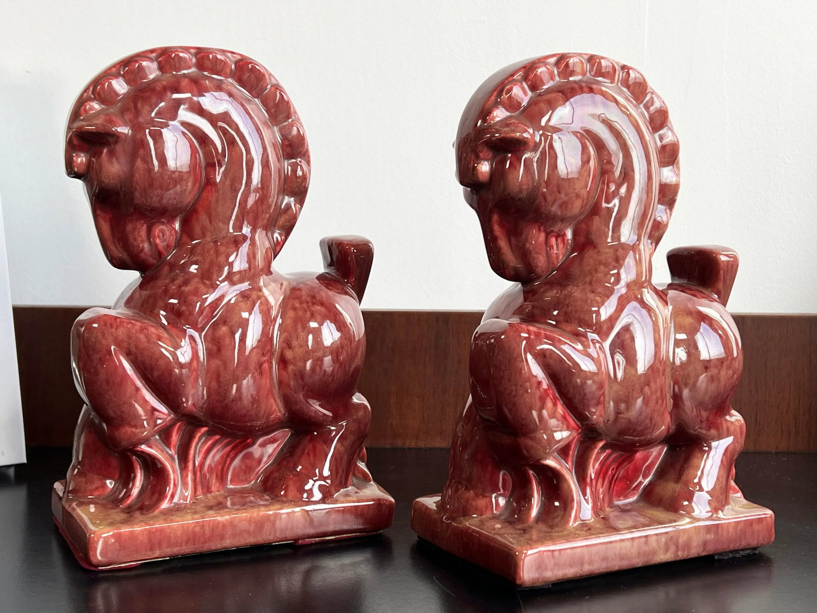 Pair of Vintage Mid Century Modern Chinoiserie Red Ceramic Horse Bookends - 3