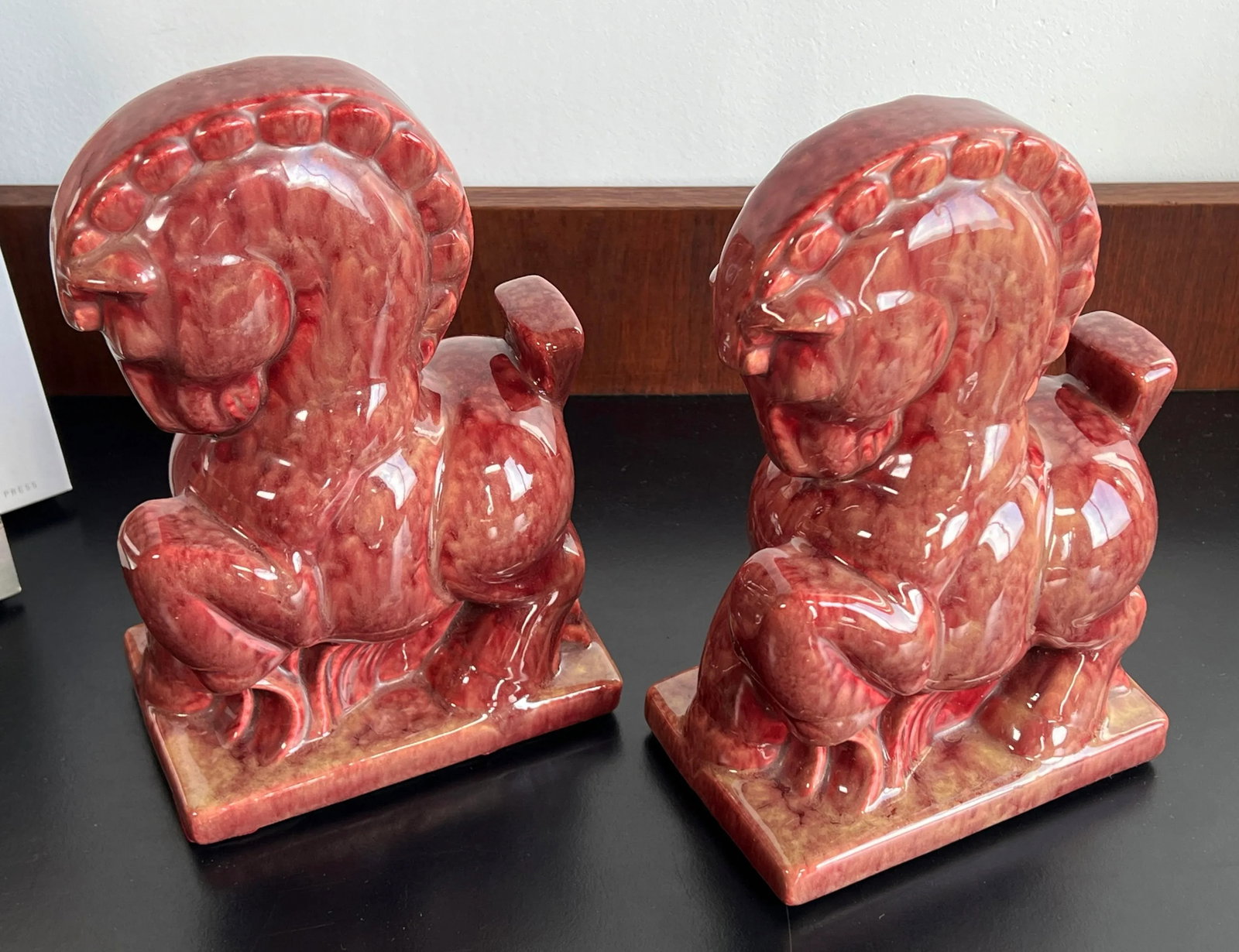 Pair of Vintage Mid Century Modern Chinoiserie Red Ceramic Horse Bookends - 4