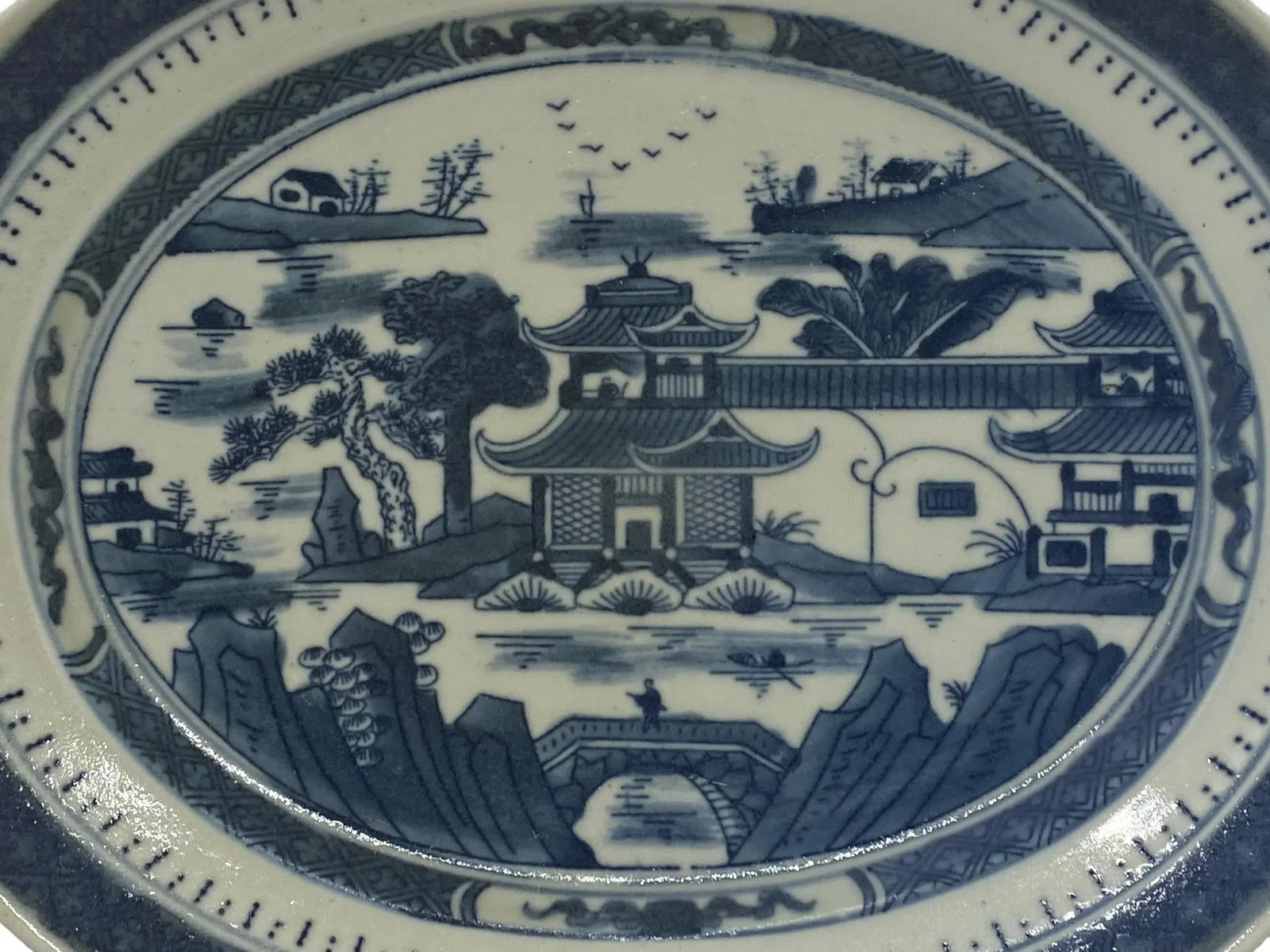 Vintage Chinoiserie Blue and White Ceramic Decorative Oval Serving Platter - 3