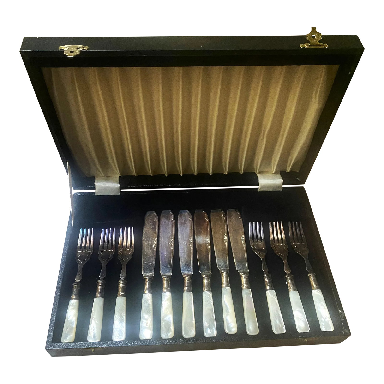 Antique Sheffield England Boxed Fish/Dessert Forks & Knives with Mop Handles- 12 Pieces (1 of 10)