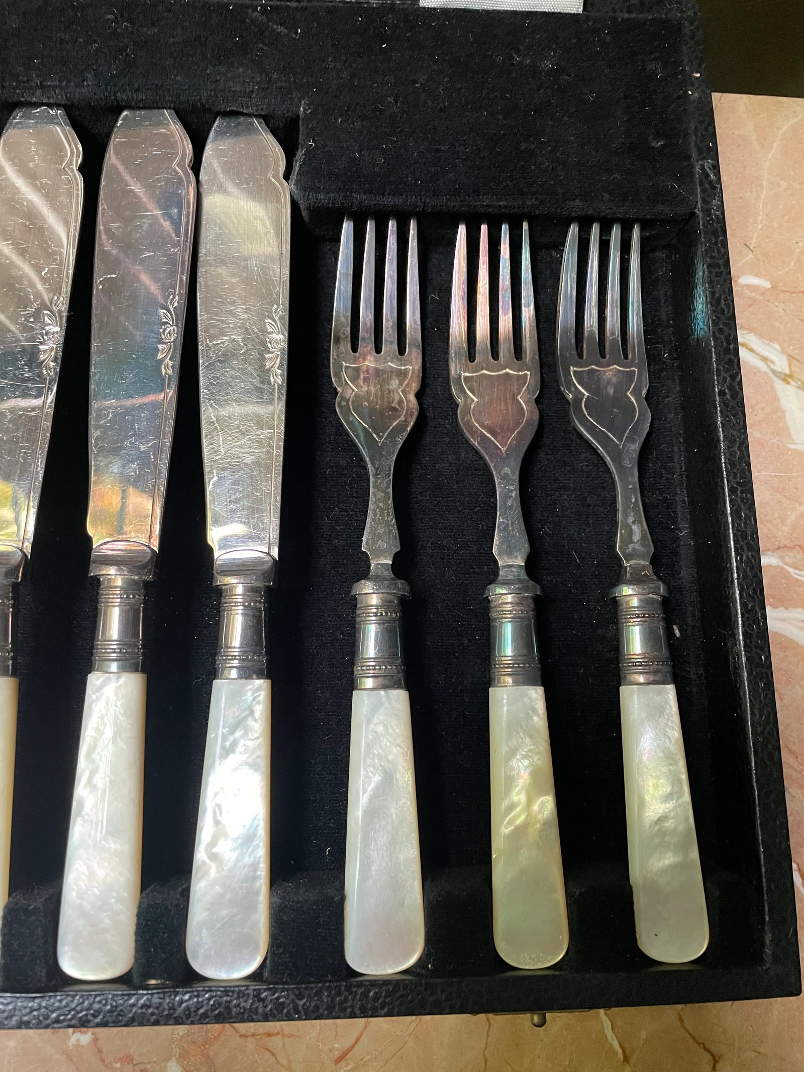 Antique Sheffield England Boxed Fish/Dessert Forks & Knives with Mop Handles- 12 Pieces - 7