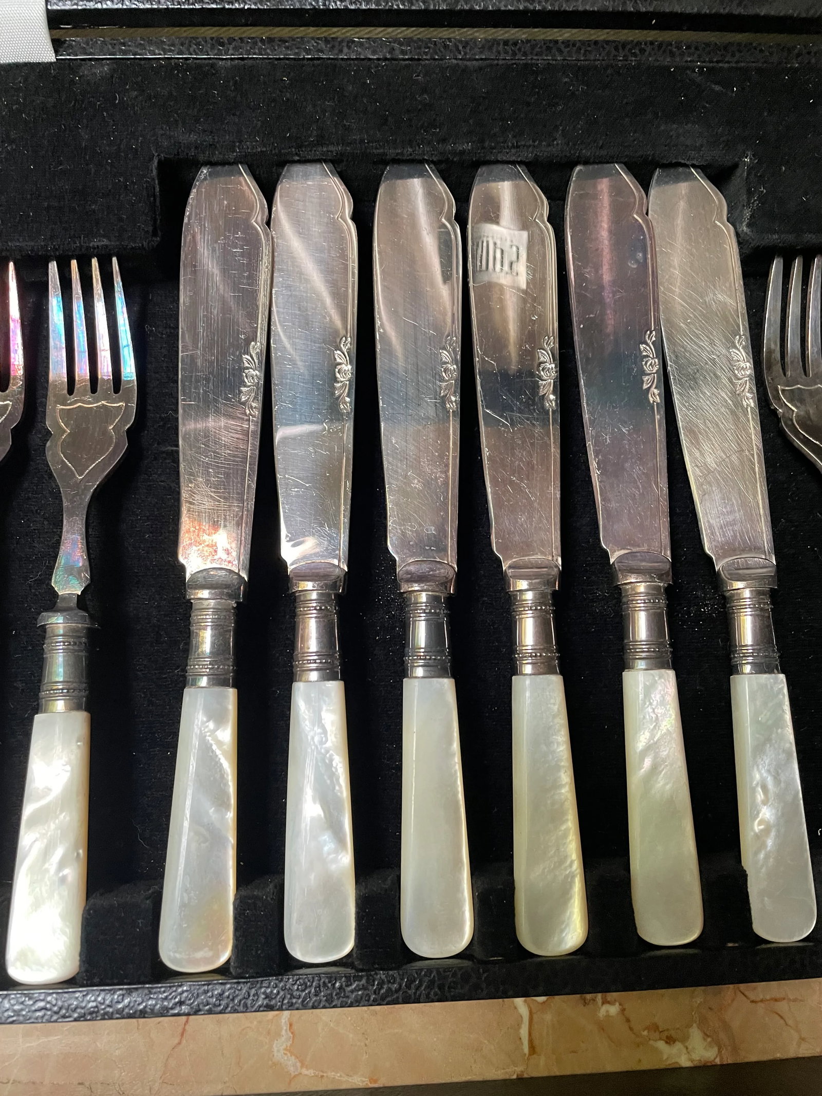 Antique Sheffield England Boxed Fish/Dessert Forks & Knives with Mop Handles- 12 Pieces - 8