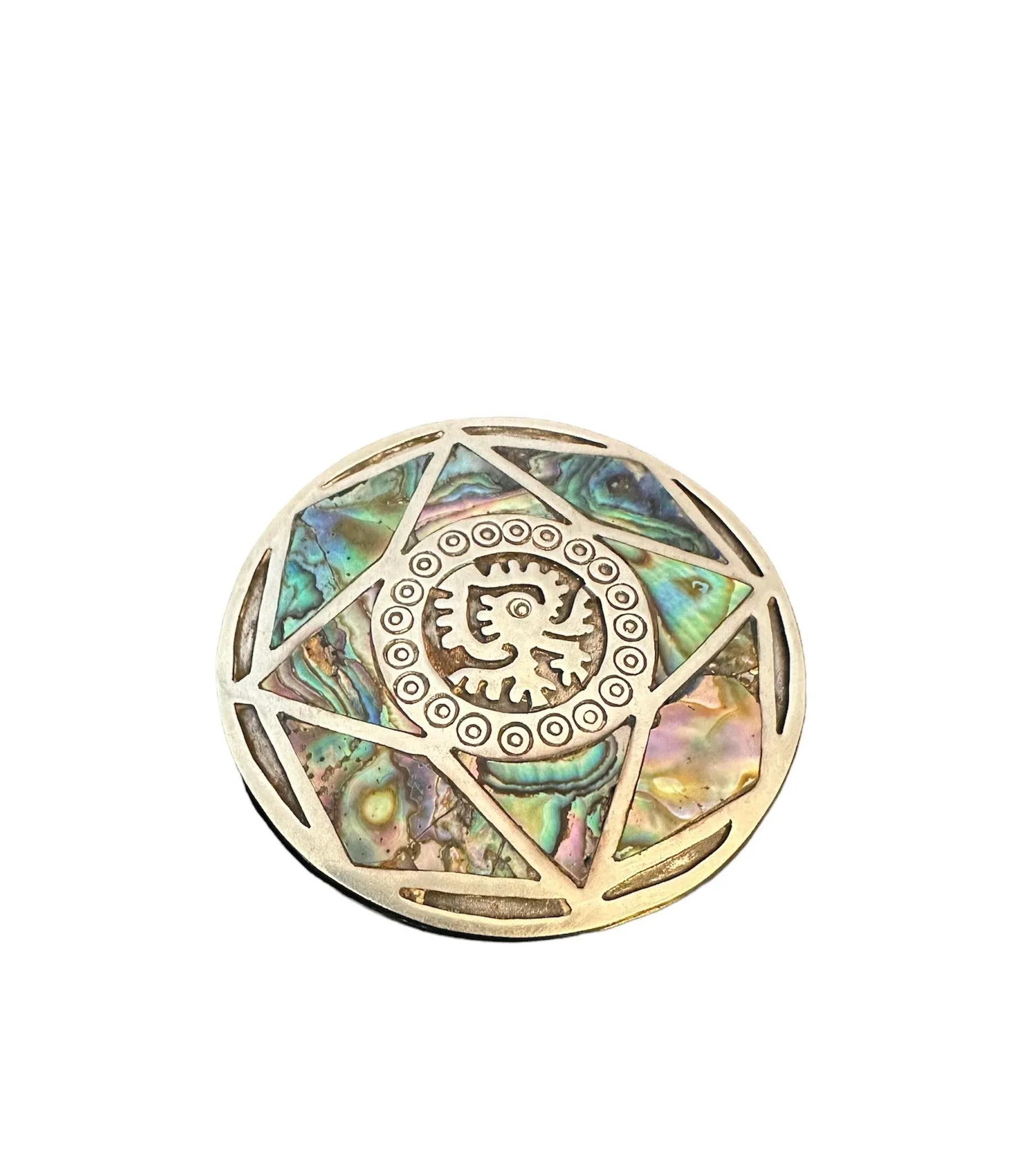Vintage Taxco 925 Sterling Silver Abalone Shell Brooch Pendant Ozomatli Made in Mexico - 3