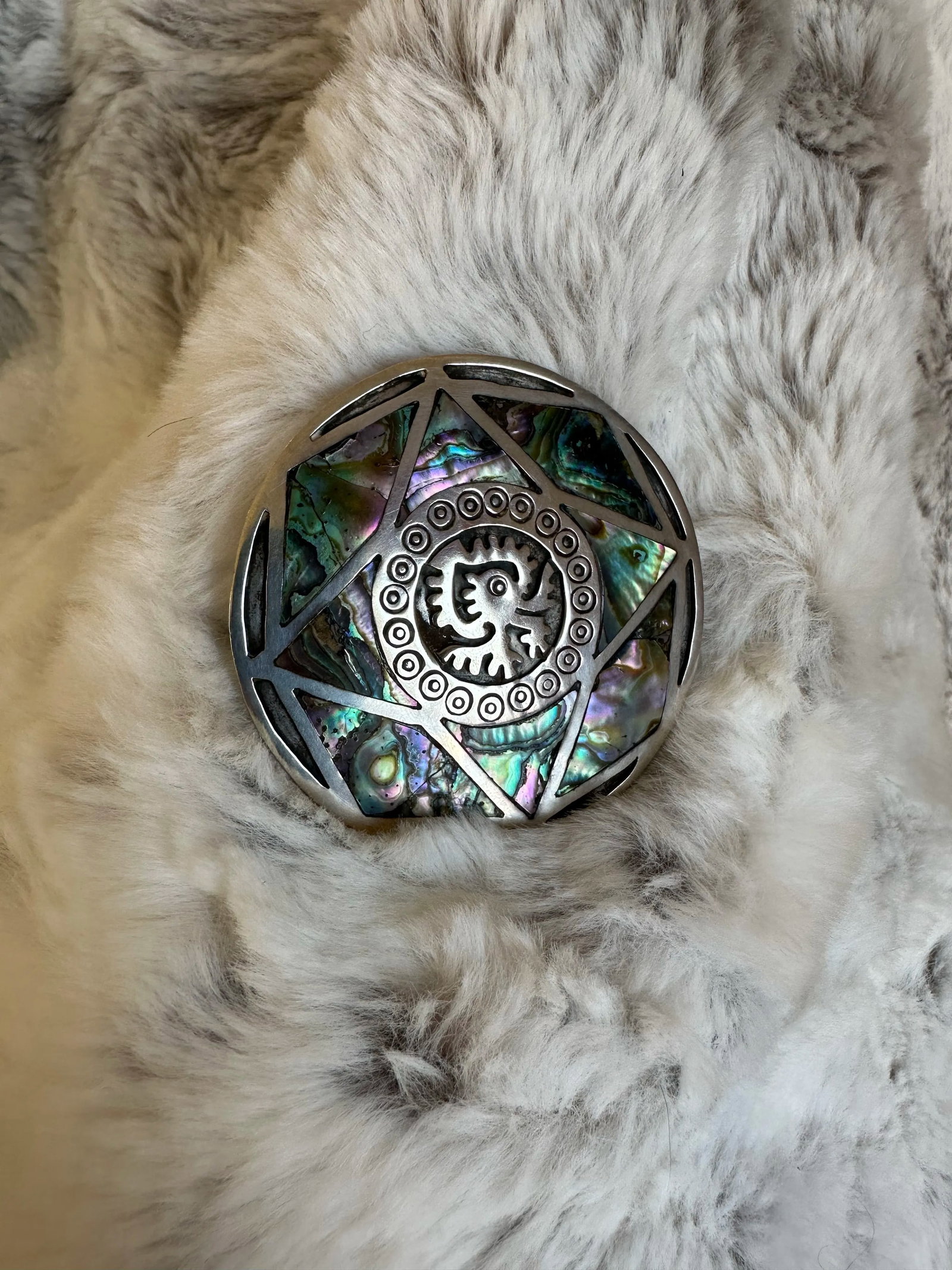Vintage Taxco 925 Sterling Silver Abalone Shell Brooch Pendant Ozomatli Made in Mexico - 5