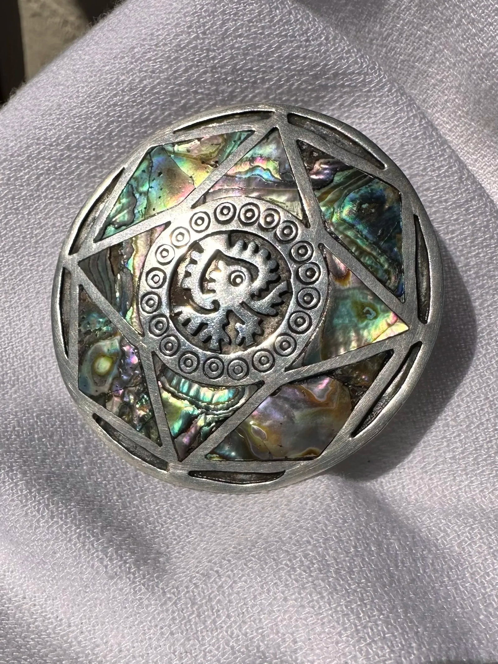 Vintage Taxco 925 Sterling Silver Abalone Shell Brooch Pendant Ozomatli Made in Mexico - 8