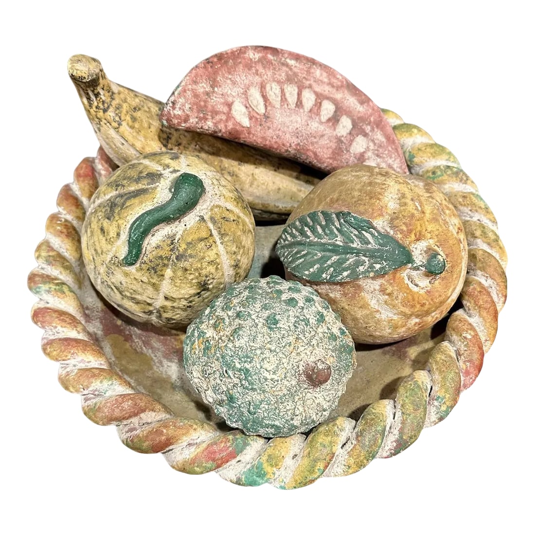 Large Vintage Terracotta Fruit Braided Bowl Hand Painted Pottery-6 Pieces: Offering an natural organic handcrafted vintage centerpiece for your interior or exterior tablescape. This ensemble features a braided clay terra cotta bowl with 5 different whole fruits. Each piece