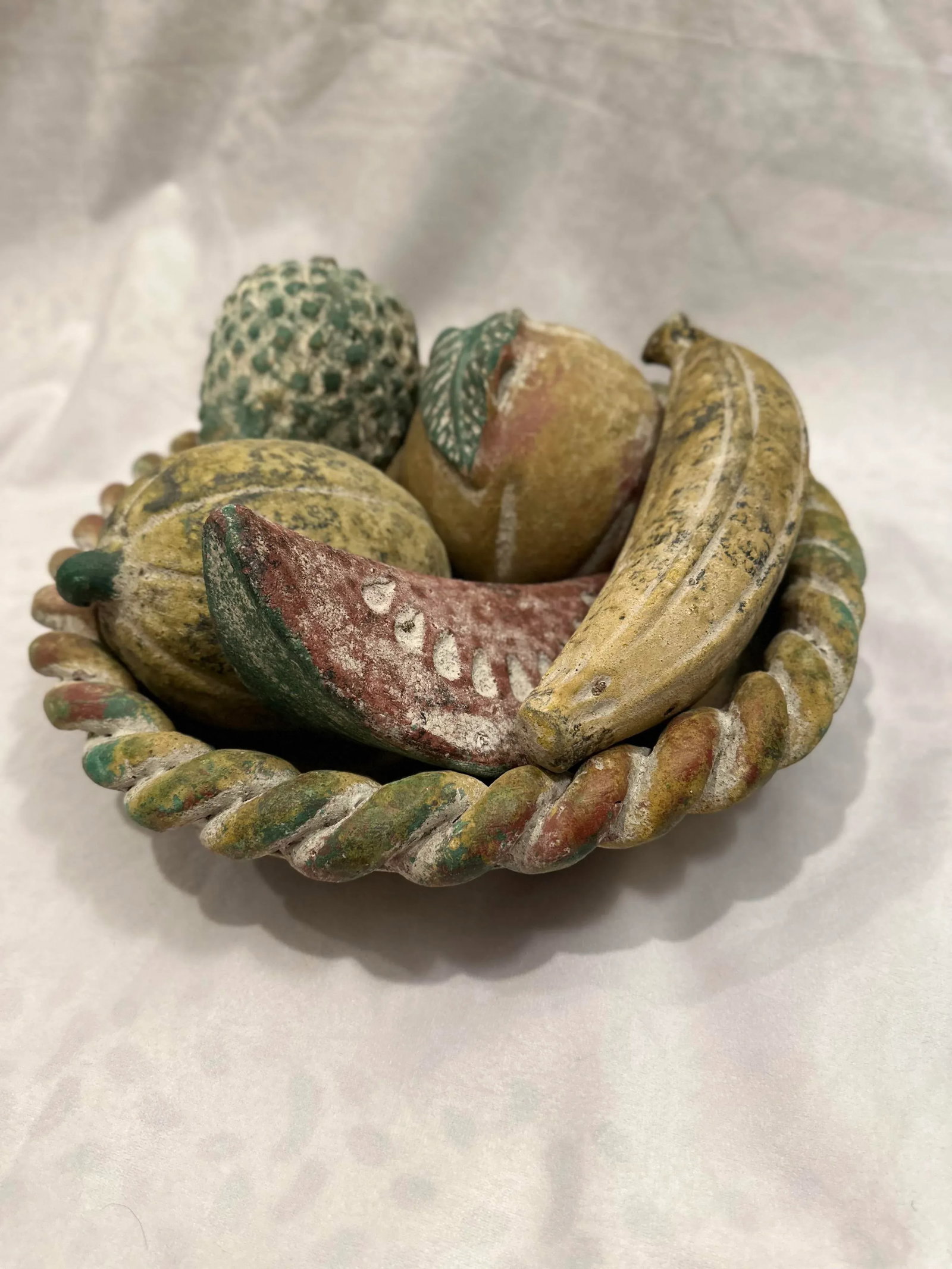 Large Vintage Terracotta Fruit Braided Bowl Hand Painted Pottery-6 Pieces - 2