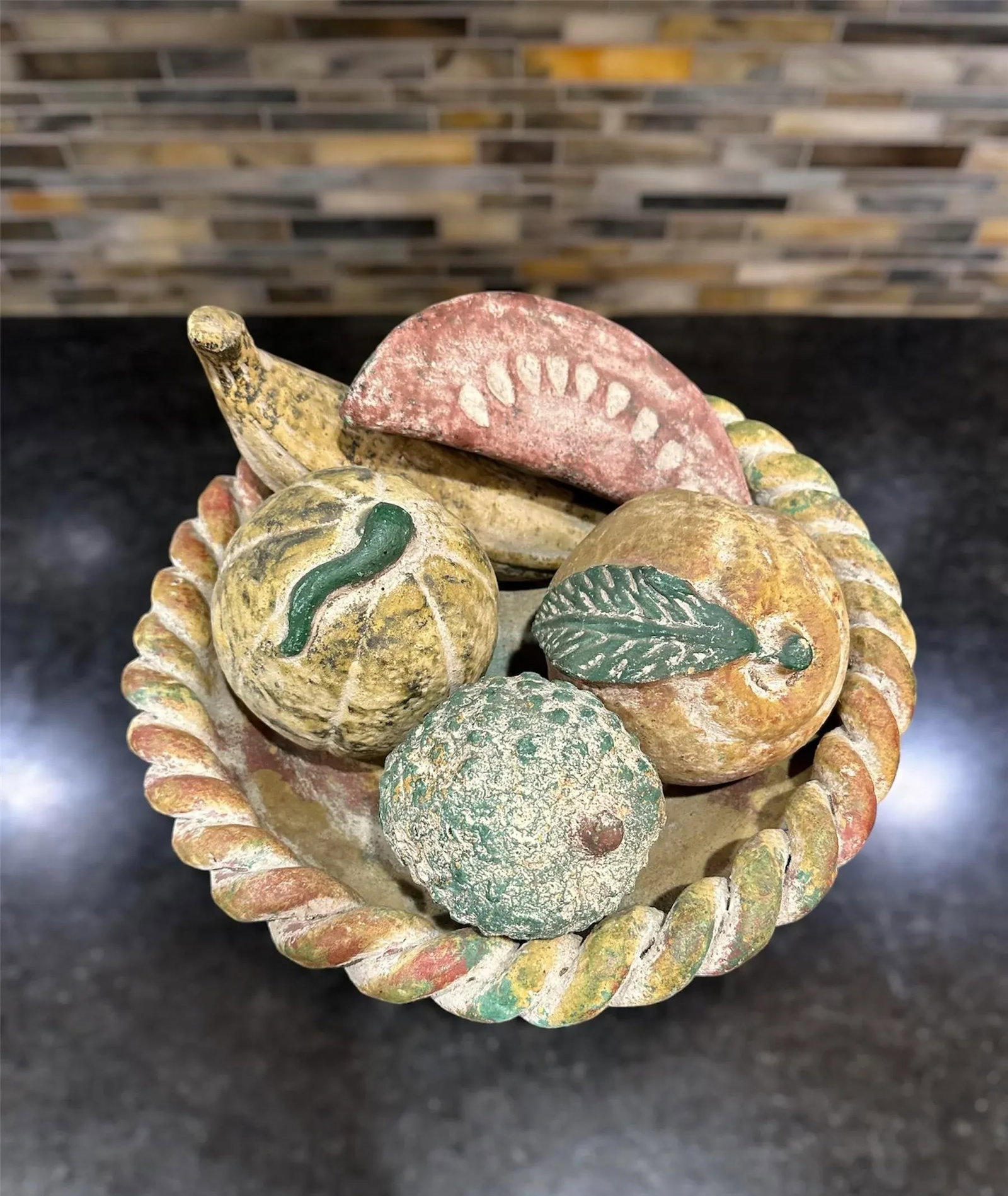 Large Vintage Terracotta Fruit Braided Bowl Hand Painted Pottery-6 Pieces - 7