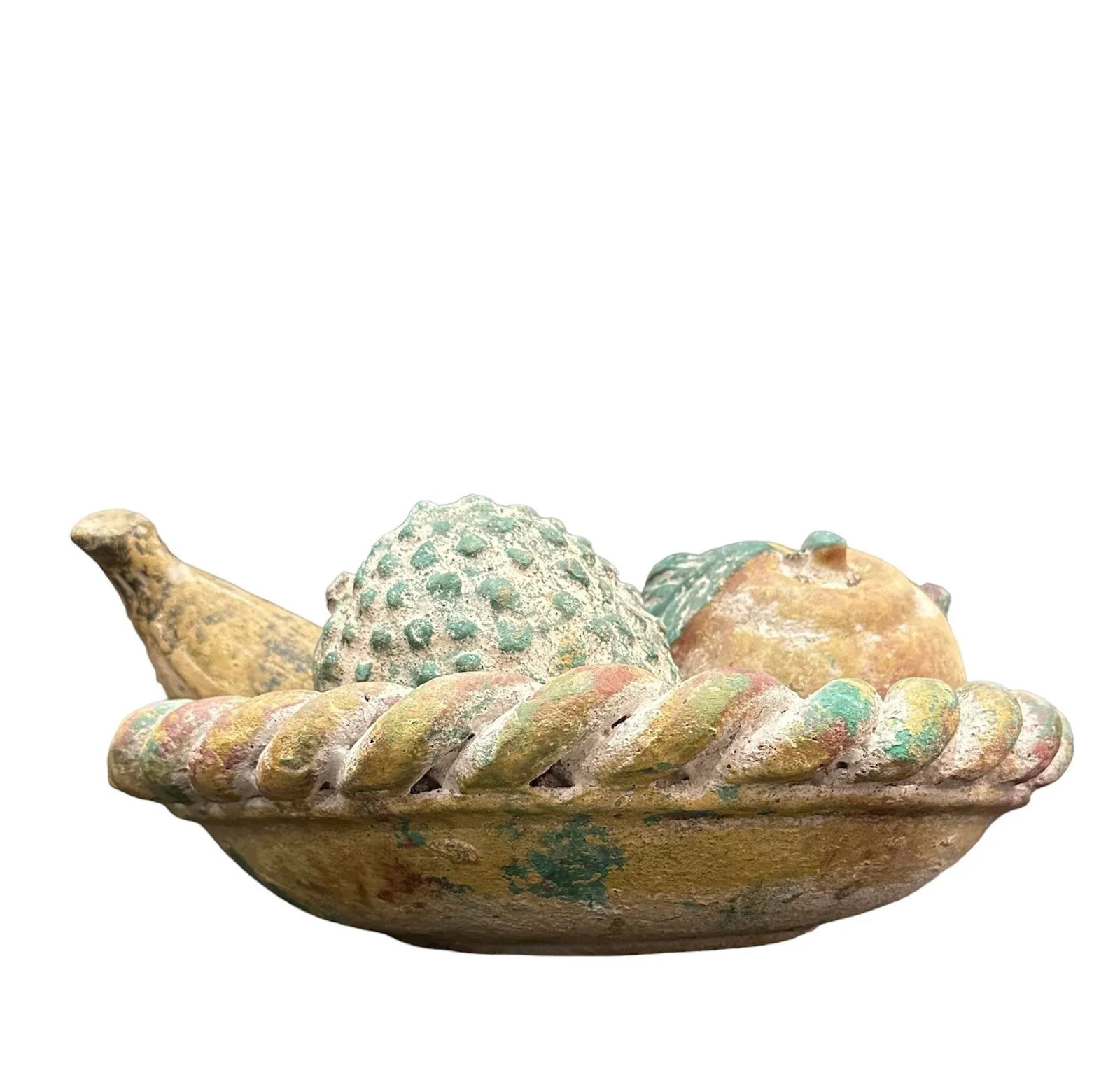 Large Vintage Terracotta Fruit Braided Bowl Hand Painted Pottery-6 Pieces - 8