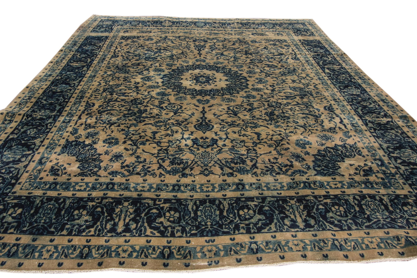 Vintage Persian Tabriz Shabby Chic Beige Handmade Medallion Wool Rug - 5