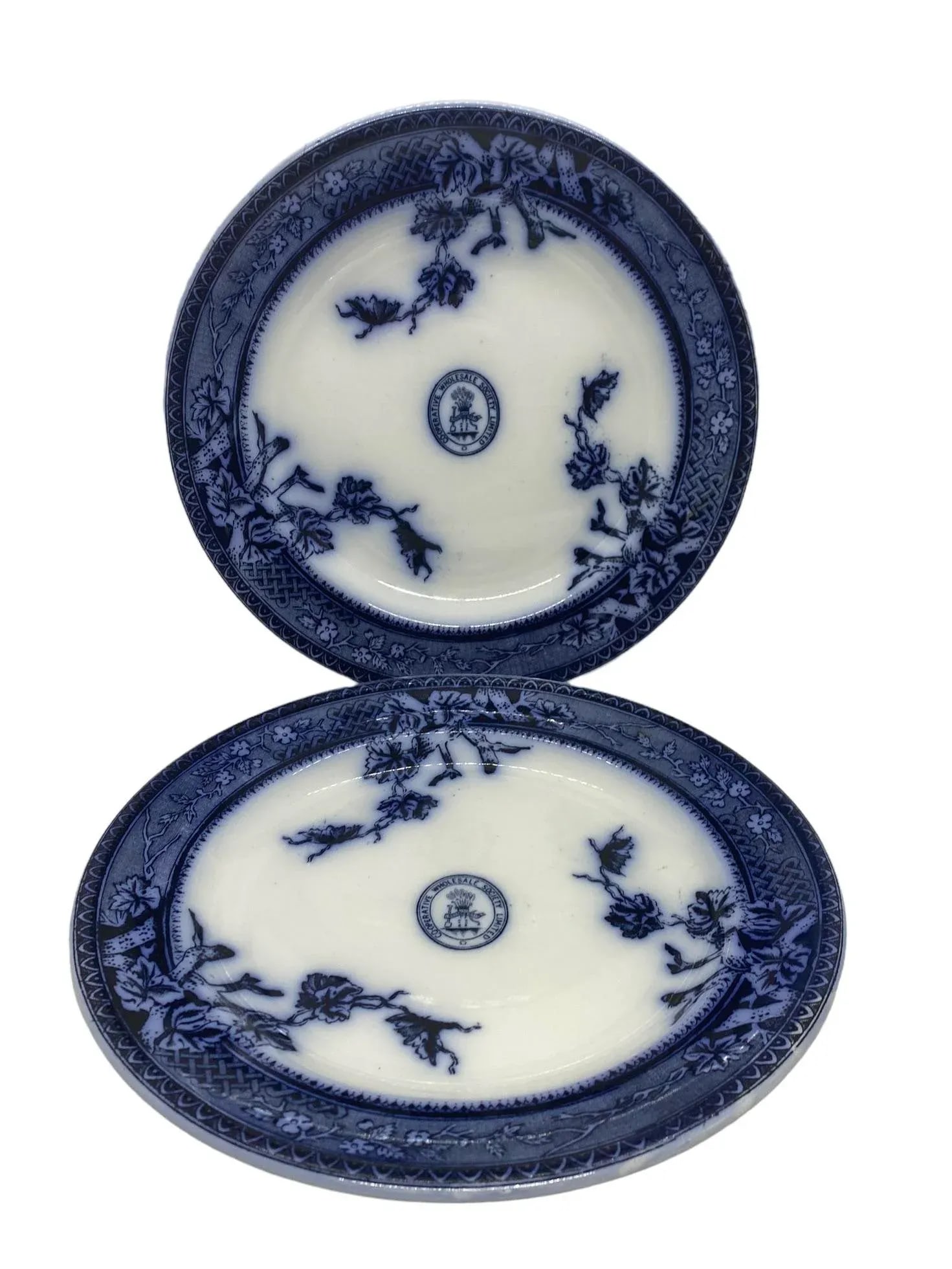 Early 1900's English Co-Operative Wholesale Society Limited Flow Blue Dinner Plates - a Pair - 12