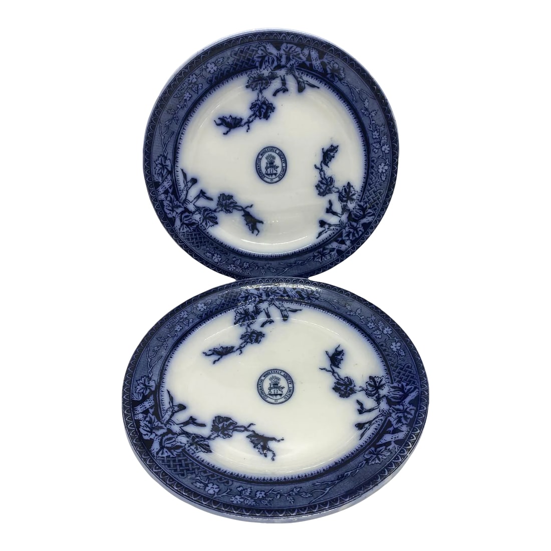 Early 1900's English Co-Operative Wholesale Society Limited Flow Blue Dinner Plates - a Pair: Early 1900's English Co-Operative Wholesale Society Limited Flow Blue 9 3/4" Dinner Plates - a Pair. These rare Victorian plates are in very good preloved condition with no major imperfections