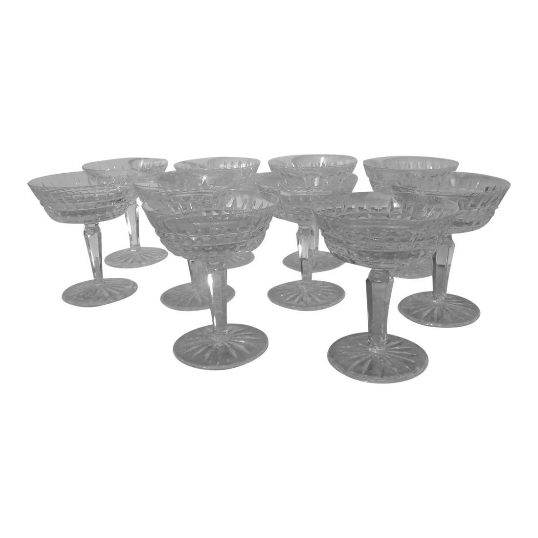 Waterford Glenmore Cut Crystal Champagne Coupes Set of 10: Champagne Coupe by Waterford. A fine set of wide and low champagne stemware from the mid-century with faceted stems, all hallmarked to the foot Waterford. The size is 4.75" tall and 3.75" in
