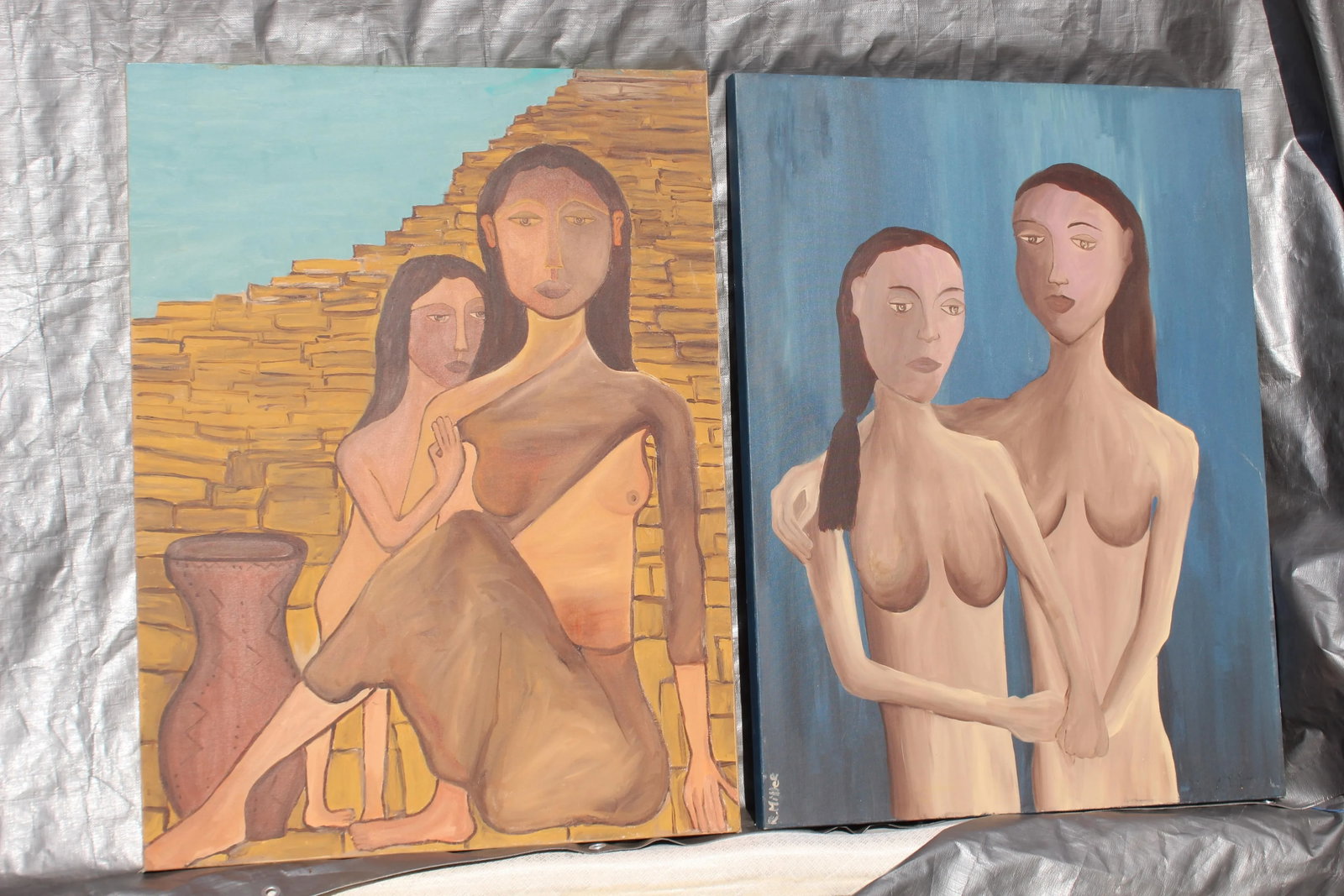 1960s Vintage Mid-Century Modern Two Women Oil Paintings - a Pair - 8