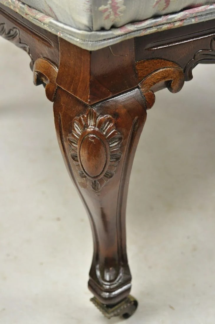 Early 1900s Victorian Floral Scrollwork Carved Mahogany Parlor Slipper Side Chairs - a Pair - 11