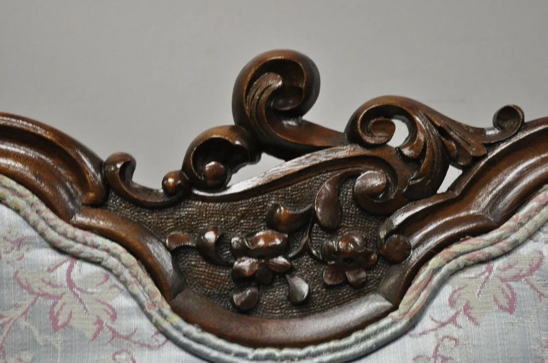 Early 1900s Victorian Floral Scrollwork Carved Mahogany Parlor Slipper Side Chairs - a Pair - 12
