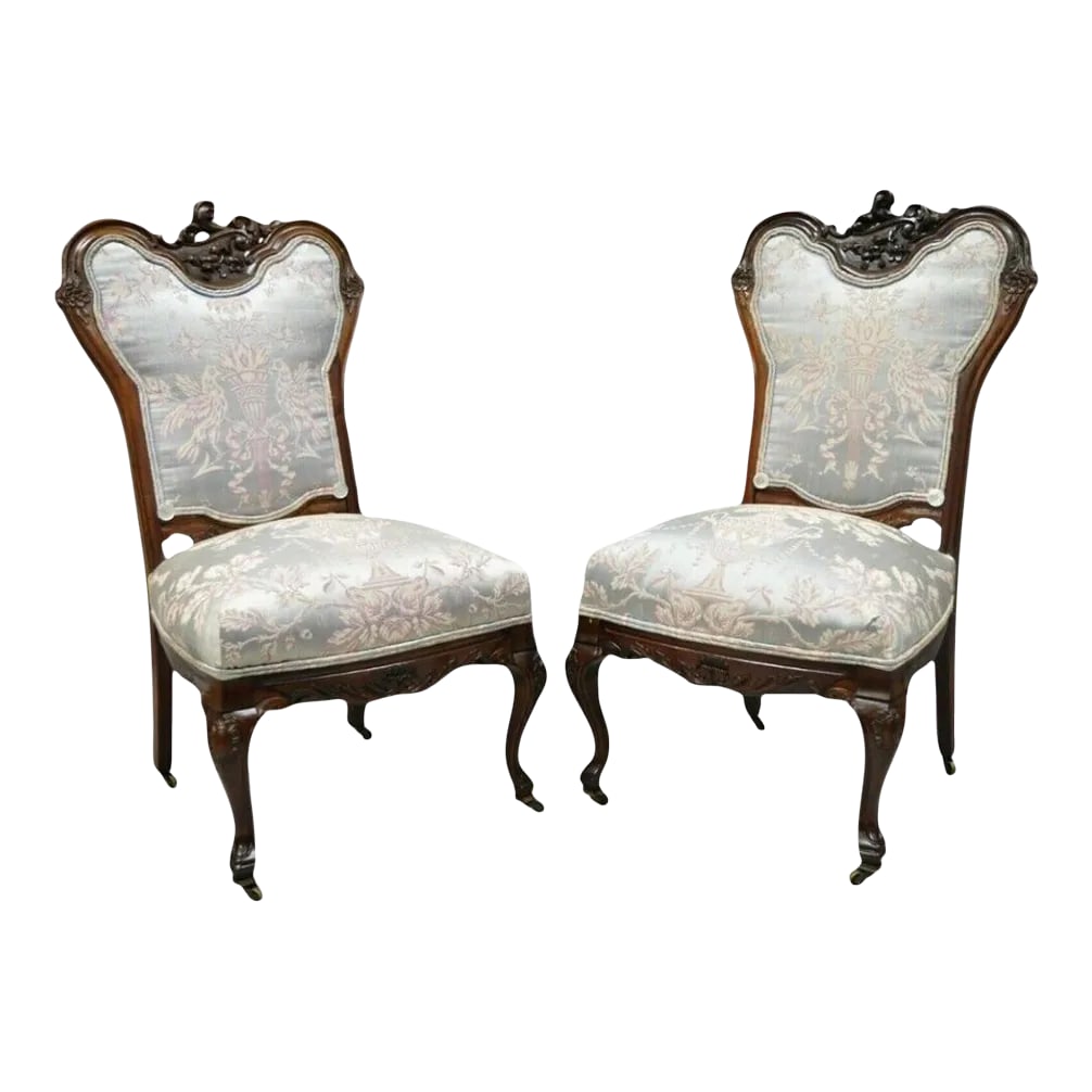 Early 1900s Victorian Floral Scrollwork Carved Mahogany Parlor Slipper Side Chairs - a Pair (1 of 12)