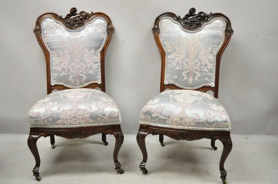 Early 1900s Victorian Floral Scrollwork Carved Mahogany Parlor Slipper Side Chairs - a Pair - 2