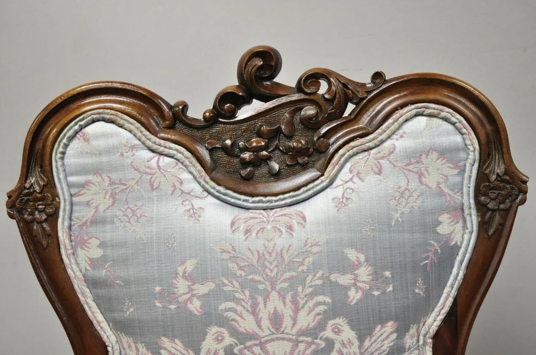 Early 1900s Victorian Floral Scrollwork Carved Mahogany Parlor Slipper Side Chairs - a Pair - 3