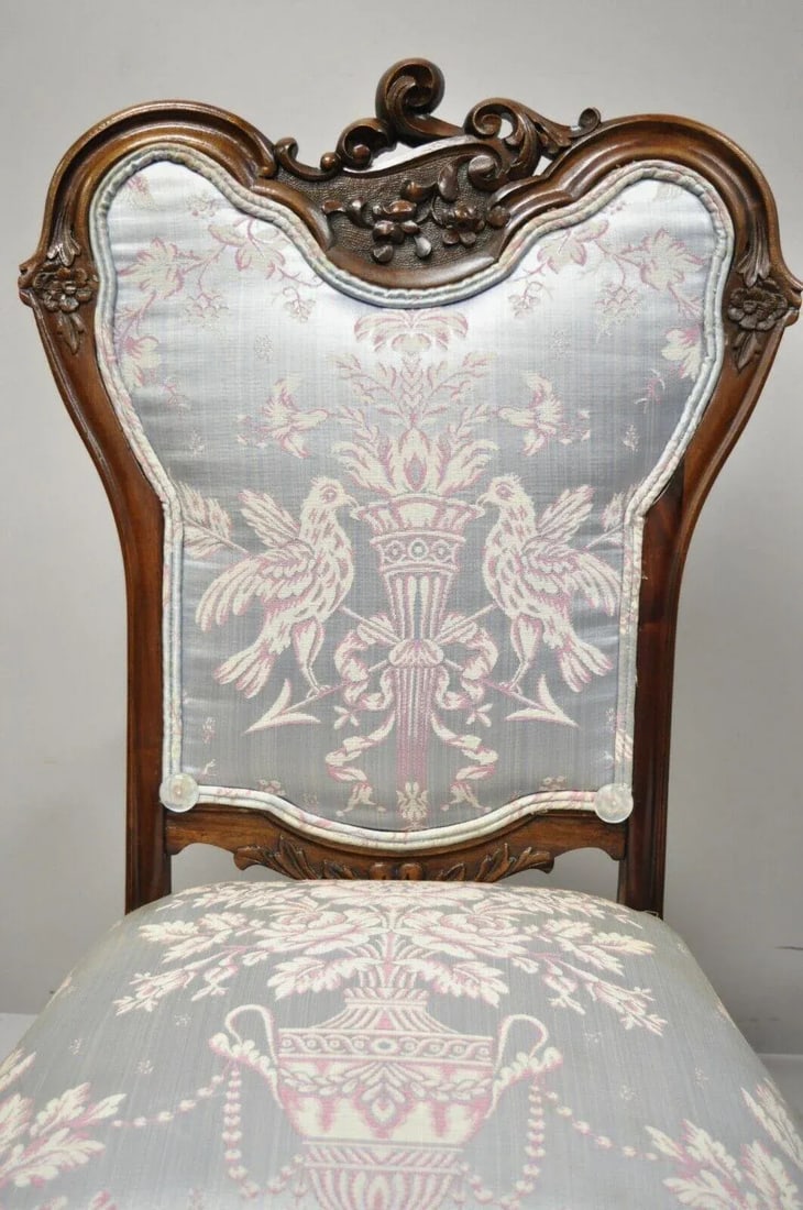 Early 1900s Victorian Floral Scrollwork Carved Mahogany Parlor Slipper Side Chairs - a Pair - 4