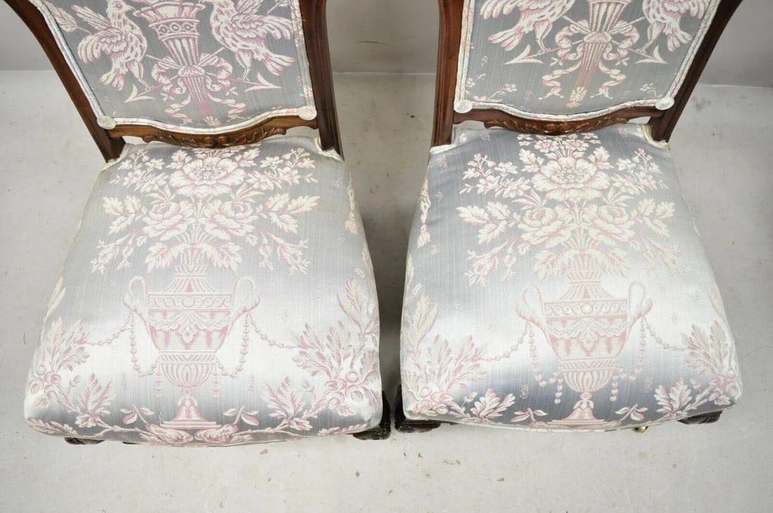 Early 1900s Victorian Floral Scrollwork Carved Mahogany Parlor Slipper Side Chairs - a Pair - 5