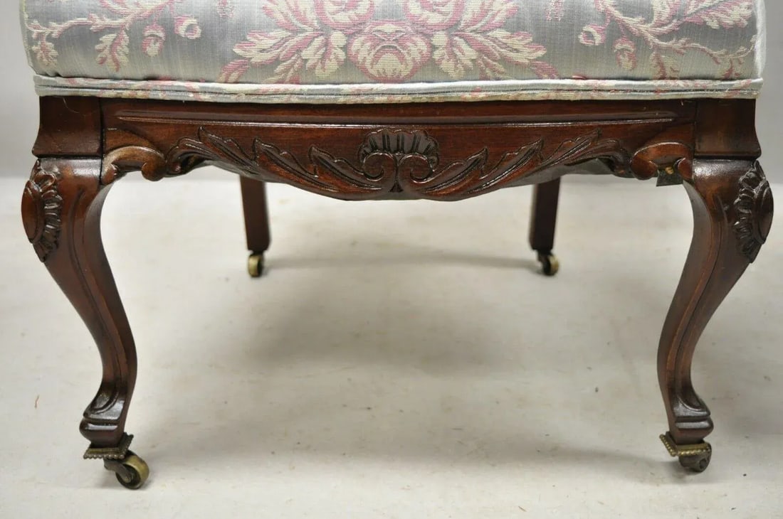 Early 1900s Victorian Floral Scrollwork Carved Mahogany Parlor Slipper Side Chairs - a Pair - 6