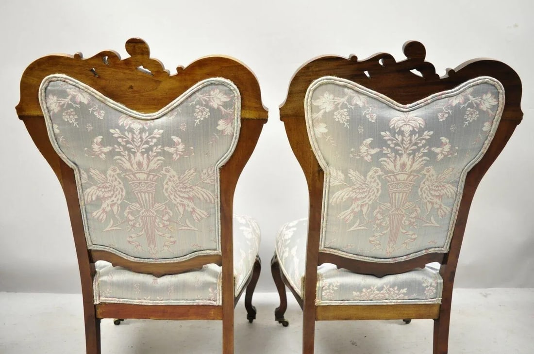 Early 1900s Victorian Floral Scrollwork Carved Mahogany Parlor Slipper Side Chairs - a Pair - 7