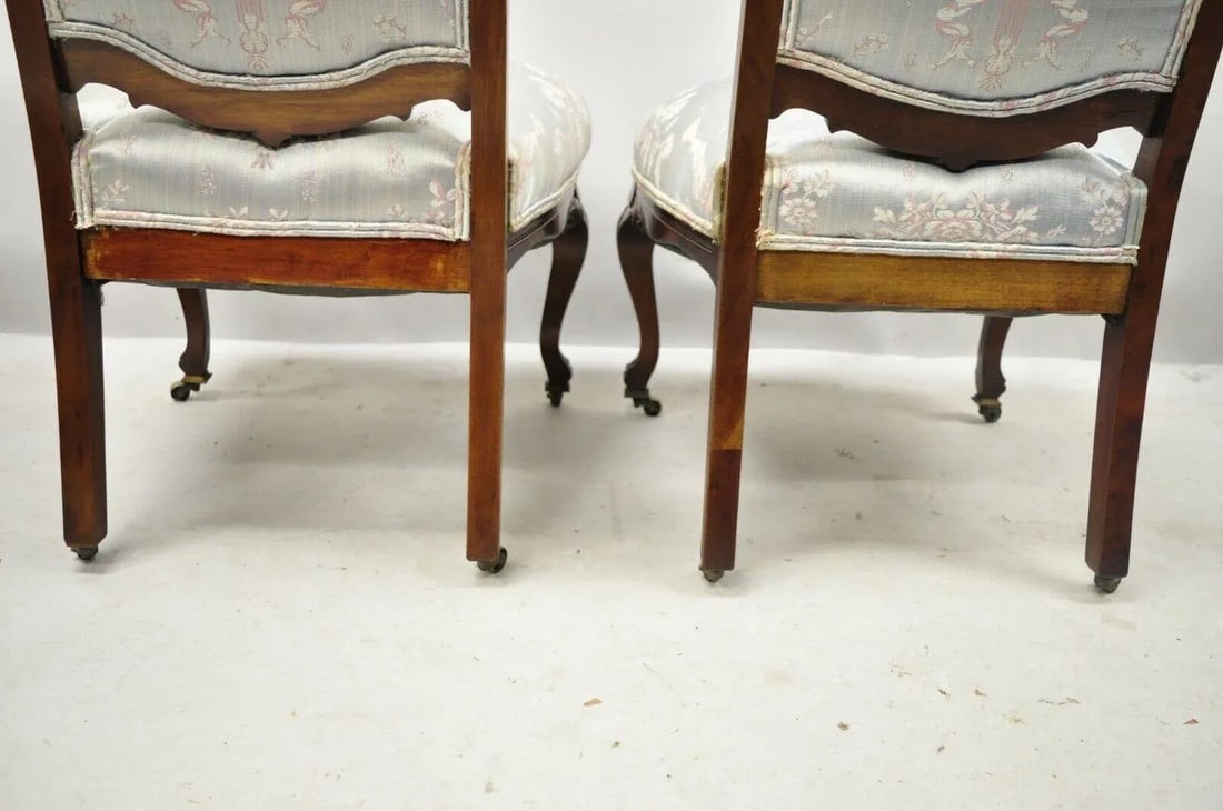 Early 1900s Victorian Floral Scrollwork Carved Mahogany Parlor Slipper Side Chairs - a Pair - 8