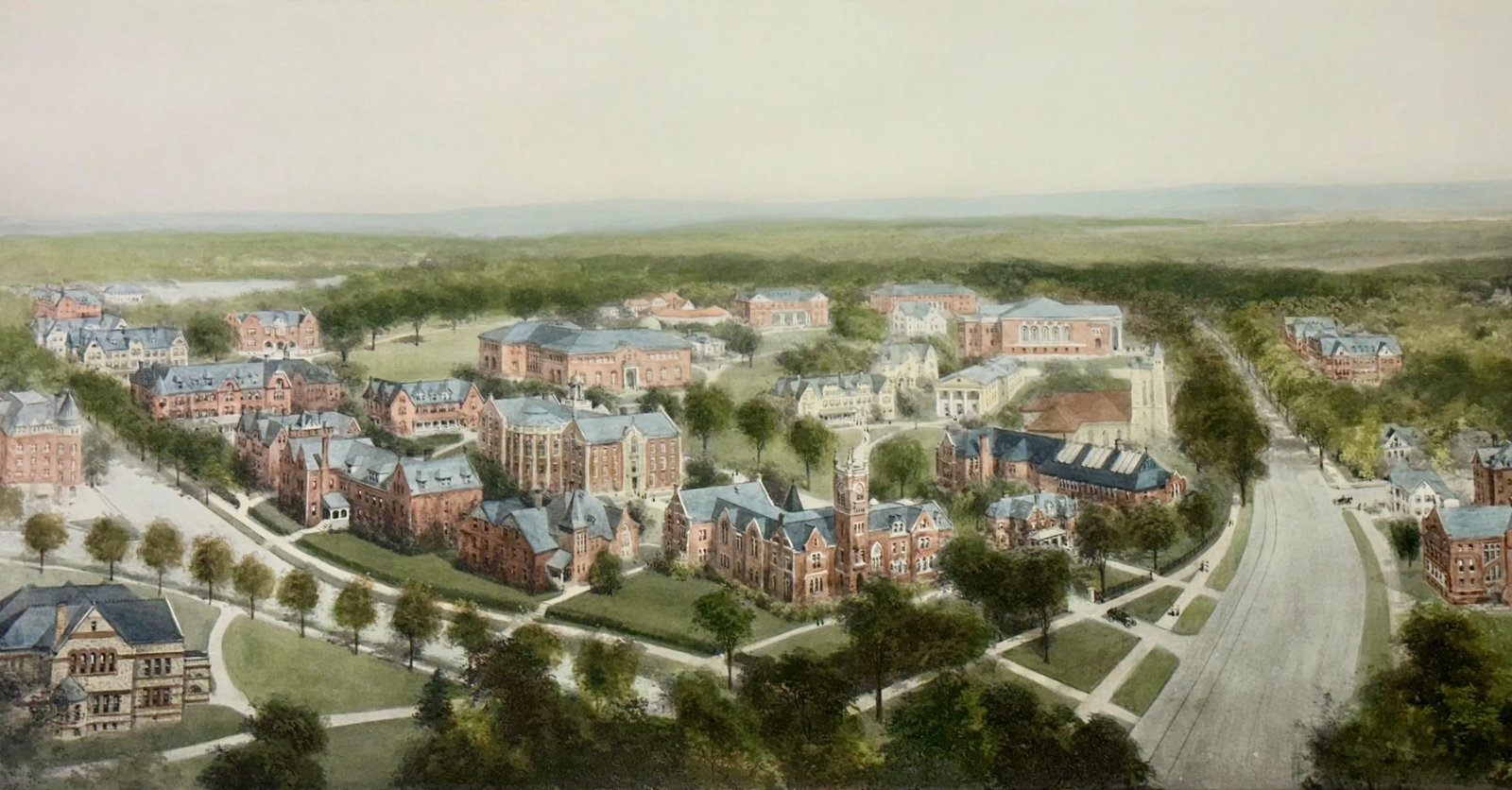 Smith College Engraving, After Richard Rummell, c.1913 - Hand-Colored Print, Large: A finely detailed engraving of Smith College, created from the original plate after Richard Rummell, one of the most celebrated American architectural illustrators of the early 20th century. Originall
