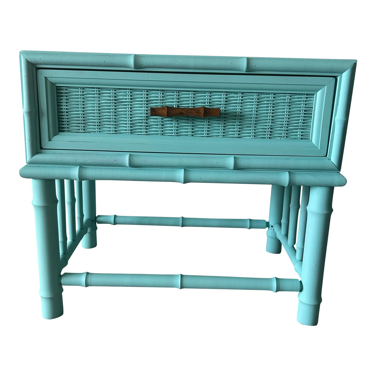 American of Martinsville Nightstand: Faux Bamboo nightstand by American of Martinsville newly painted in surf matte paint. Brighten up your space with this classic style nightstand by a well known highend furniture maker from the past.