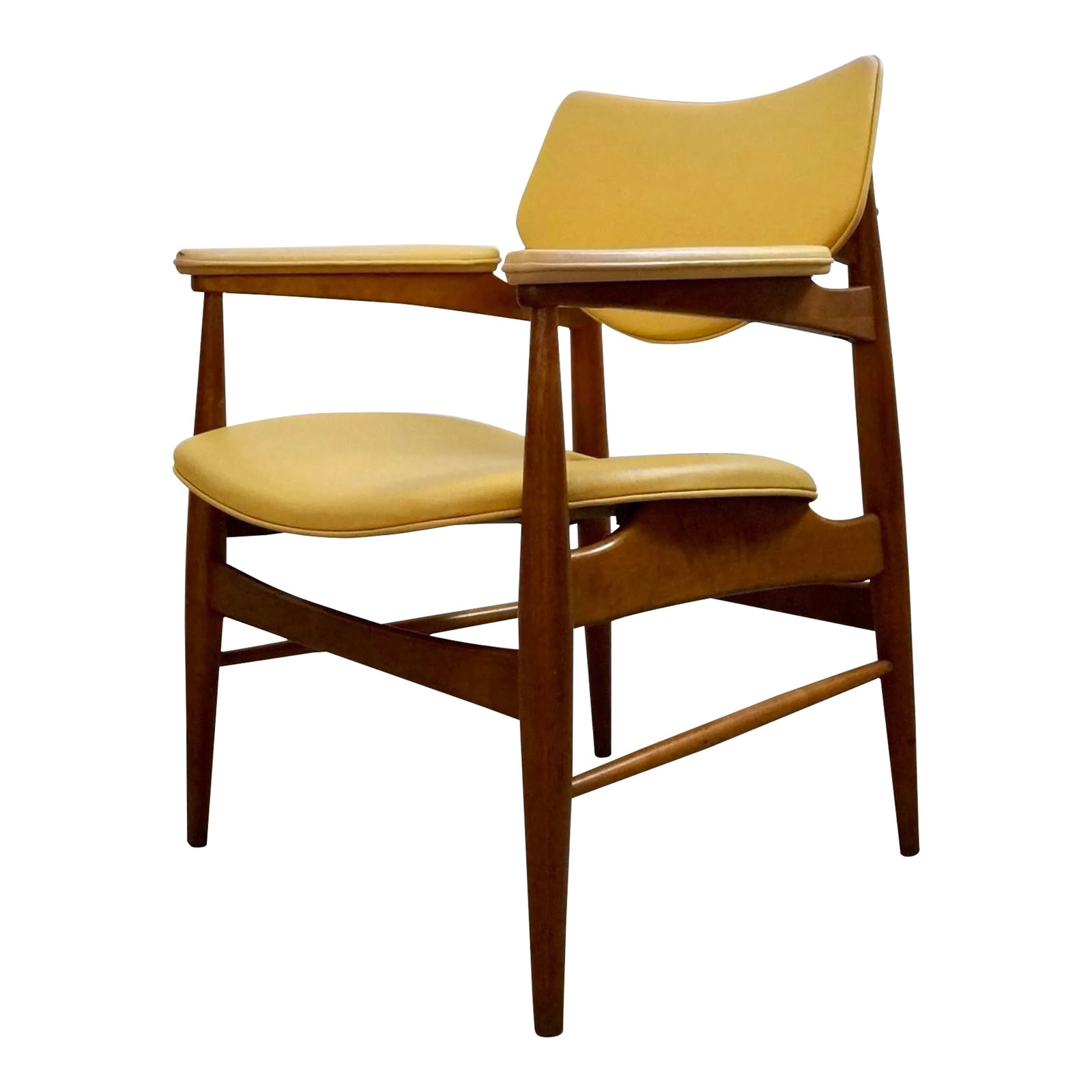 1950's Mid-Century Modern Walnut Armchair by Thonet: Vintage original Midcentury Modern armchair for sale. Manufactured in the 1950's by Thonet, and still has the original tag nicely intact. It has the original naugahyde vinyl upholstery in yellow and
