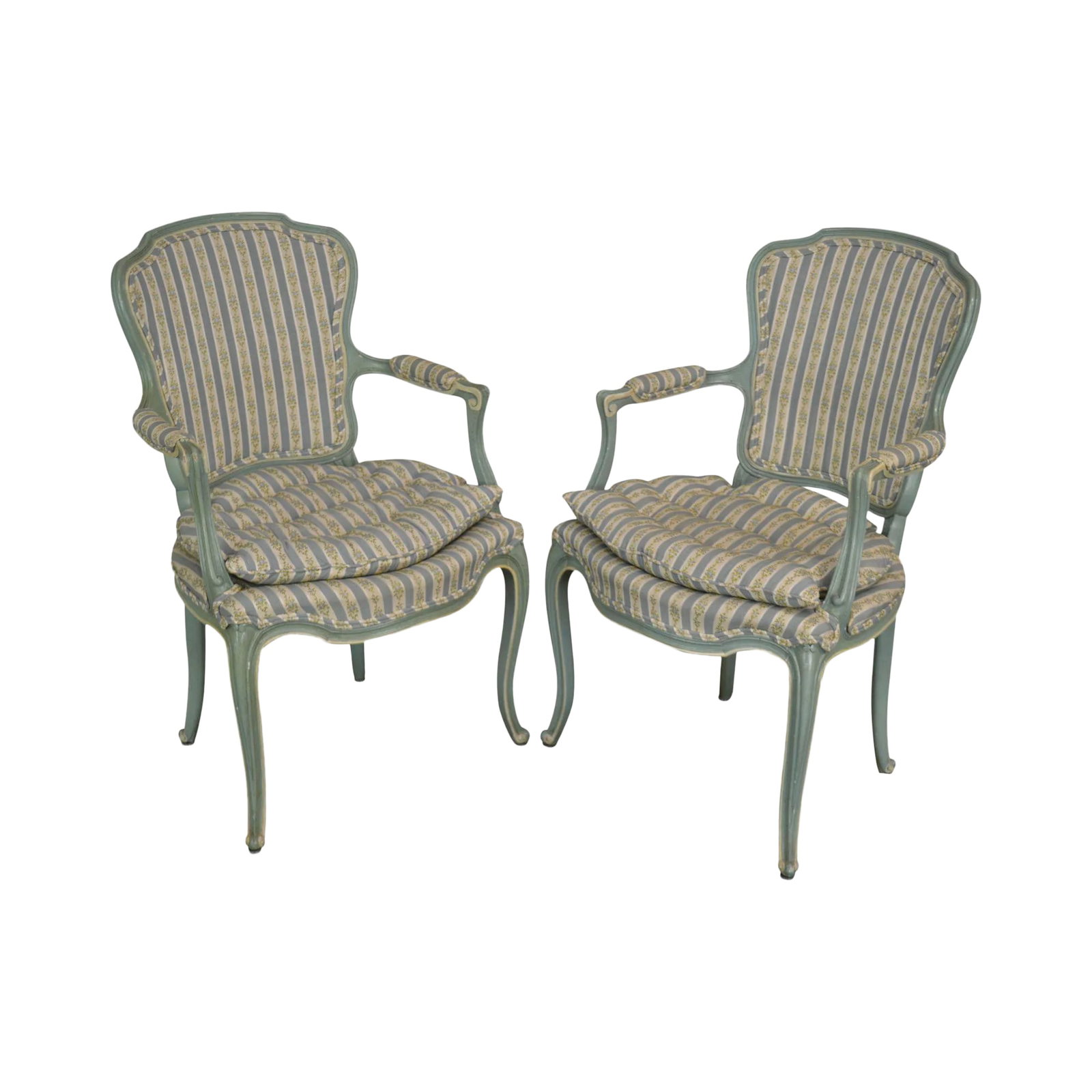French Louis XV Style Vintage 1960's Custom Painted Armchairs - a Pair: High Quality American Made Vintage Pair of Custom Upholstered and Paint Frame Solid Wood Dining Chairs Condition: Alterations: Original Condition Unaltered Imperfections: Some Imperfections Condition