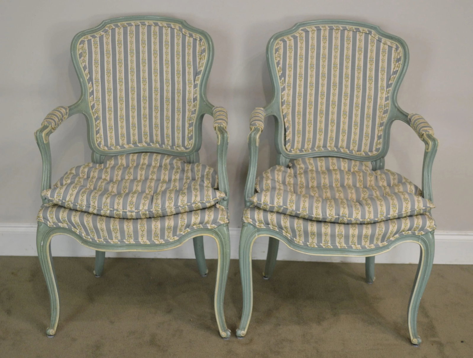 French Louis XV Style Vintage 1960's Custom Painted Armchairs - a Pair - 3