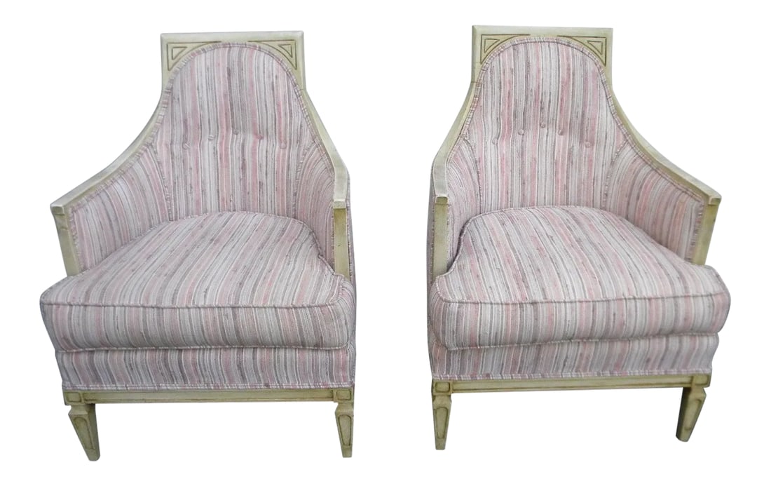 French Distressed Painted Living Bed Room Side Chairs - Pair: These wonderful Living Room Side by Side Chairs are made out of wood and solid wood, and they have a beautiful distressed Vintage off-white/beige painted finish color. These classic Chairs are solid a